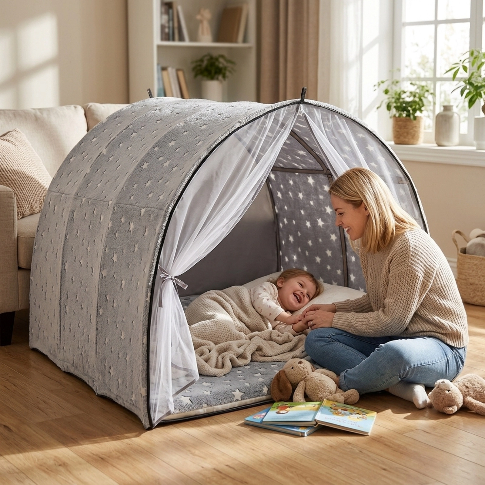 Kids Bed Tent for Twin Bunk Bed with Glow in the Dark Stars and Star Light String 54-in Flannel Privacy Canopy Gray