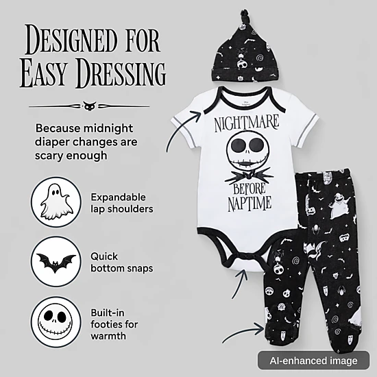 Disney Nightmare Before Christmas Baby Footed Pant and Bodysuit Set with Hat