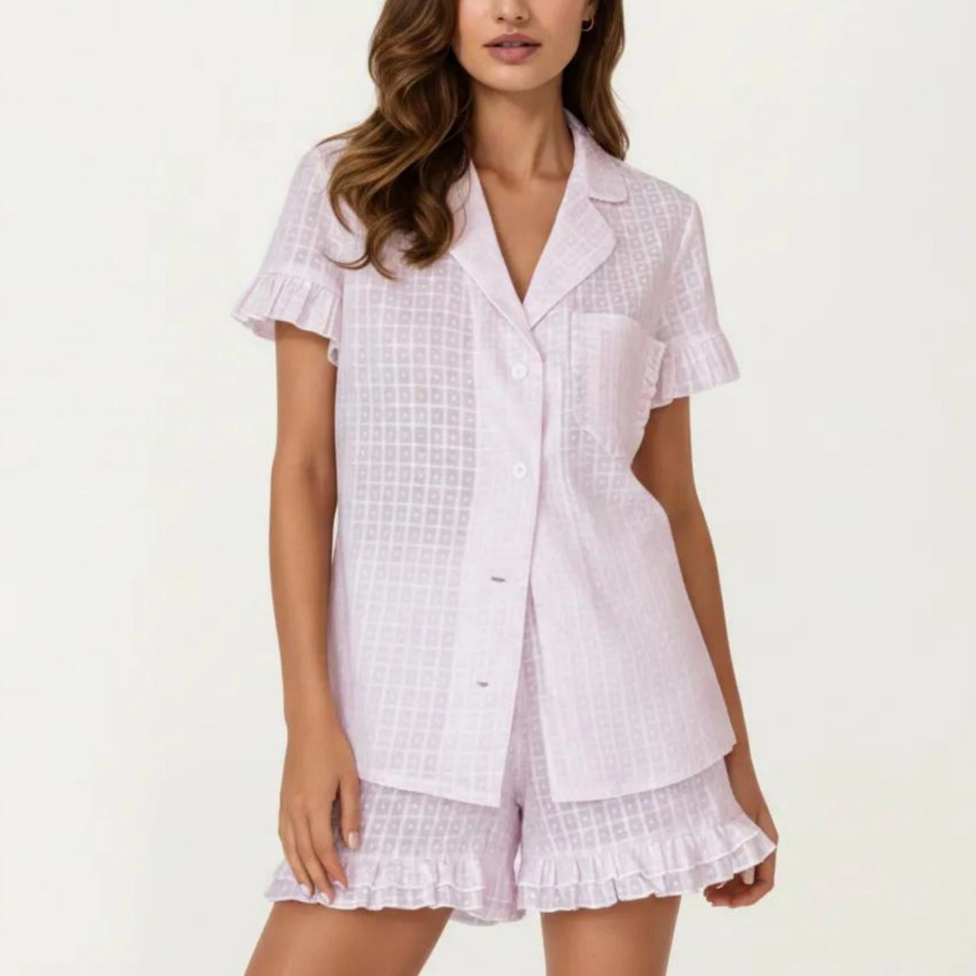 Anna-Kaci Women's 2-Piece Button Down Pajama Shirt and Shorts Short Sleeve Textured Check Printed Ruffle Trim Sleepwear