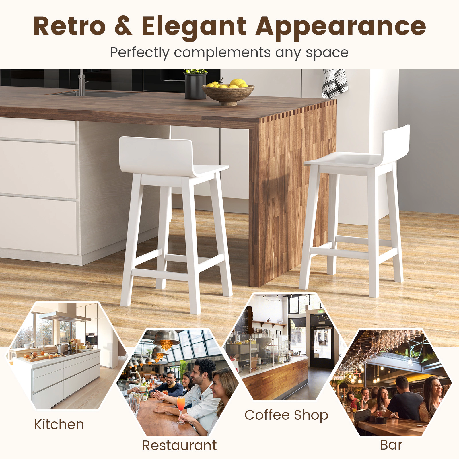 SUGIFT Solid Wood Bar Stools Set of 2 with Backrest 330-Lb Capacity 24.5-in Seat Height 15.5 x 17.5 x 30 in Frame White
