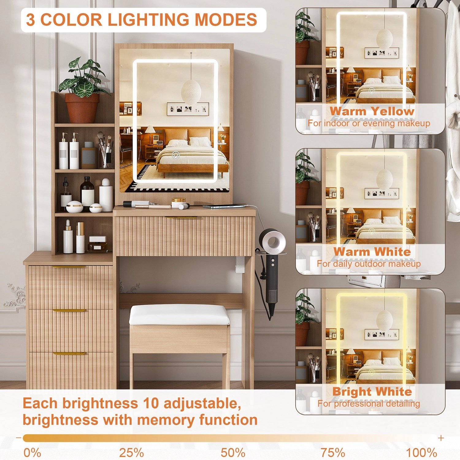 GBruno Lighted Vanity Desk Set With Stool And Storage