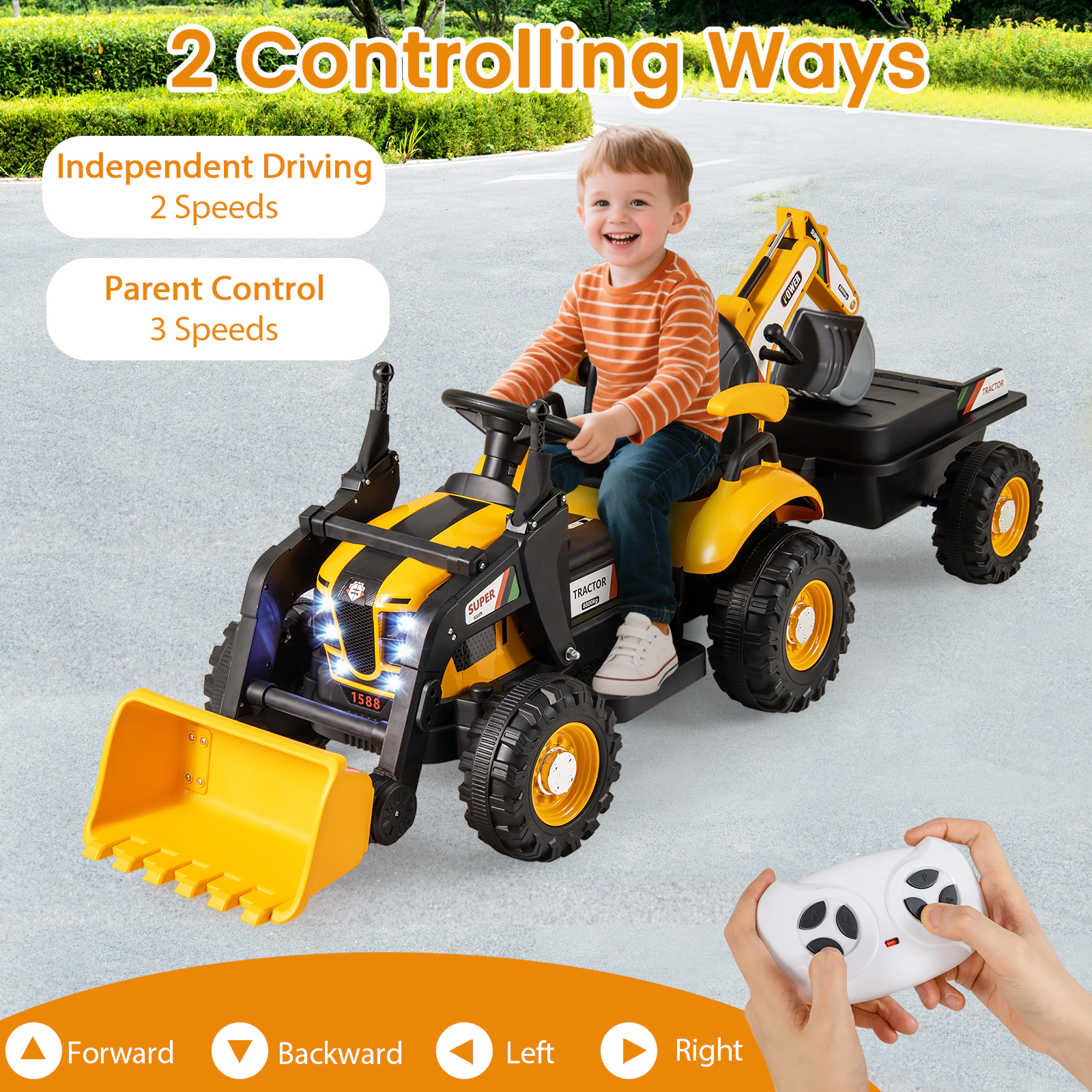 SUGIFT Kids Yellow 4-in-1 12V Ride On Tractor with Bucket Digger and Trailer 73-in W 26-in H 66-lb Rider Capacity