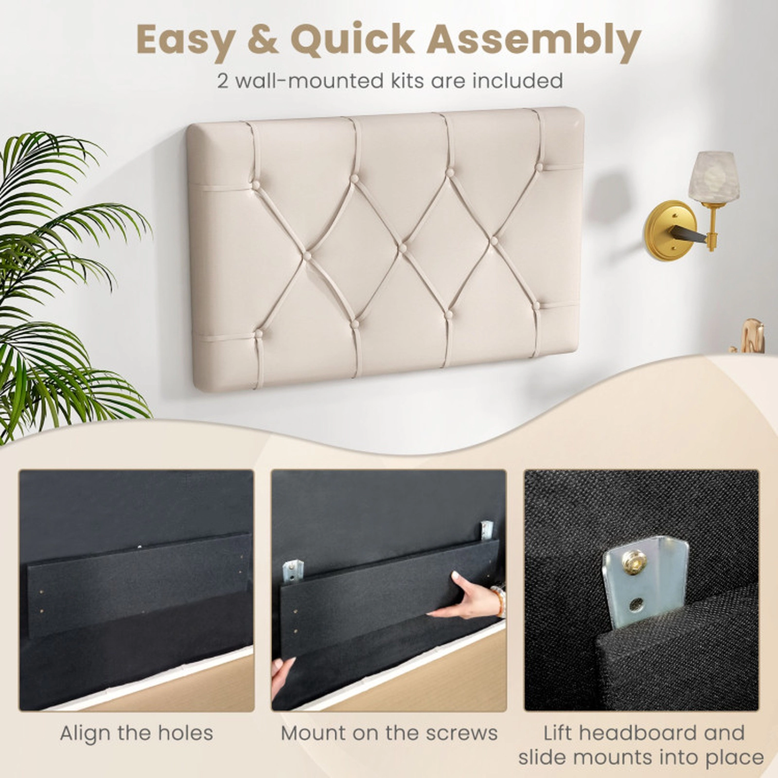 SUGIFT Beige Diamond Stitched Fabric and MDF Frame Upholstered Twin Headboard