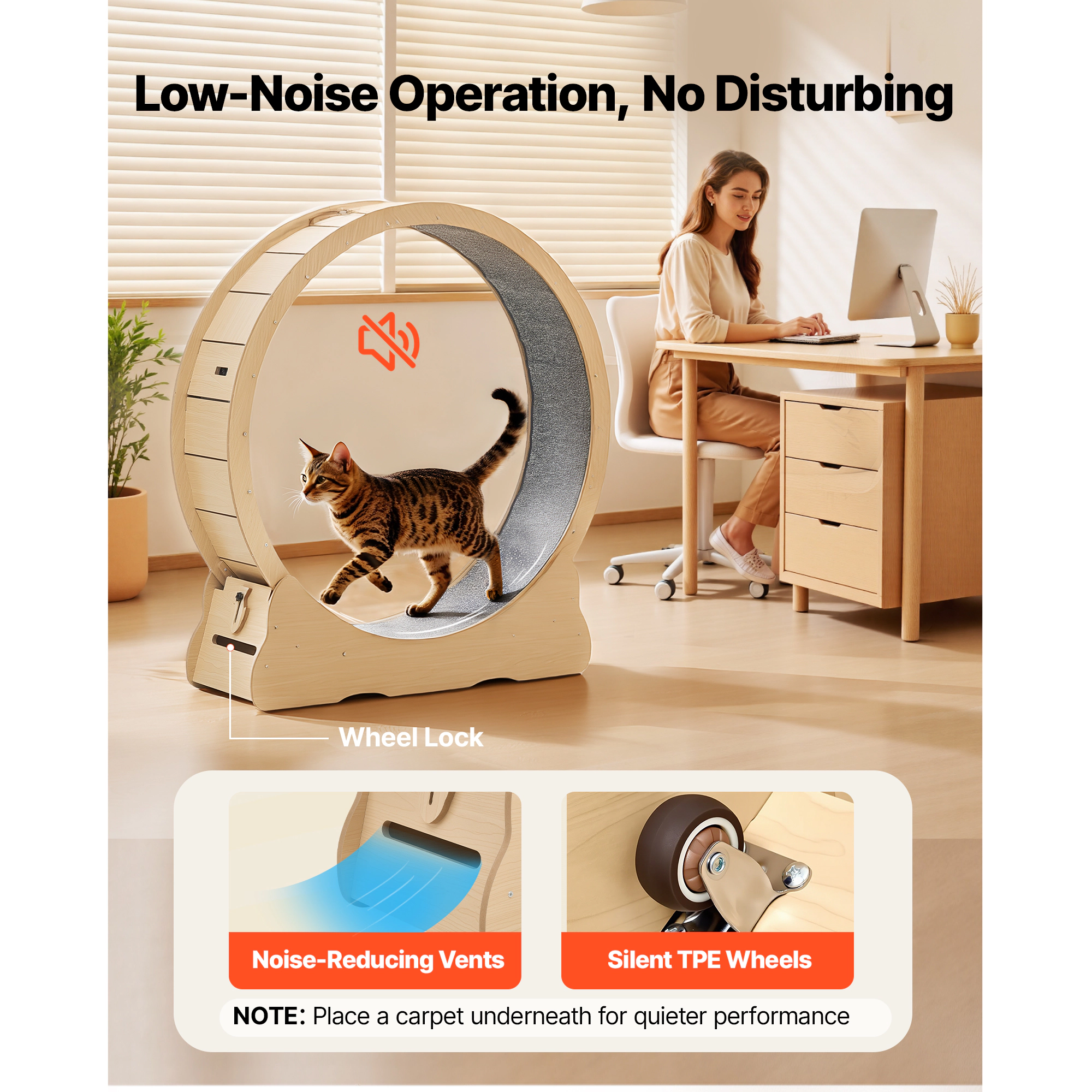 HONGGE 48-Inch Wooden Cat Exercise Wheel for Medium to Large Cats Up to 28 lbs, Quiet Indoor Wheel