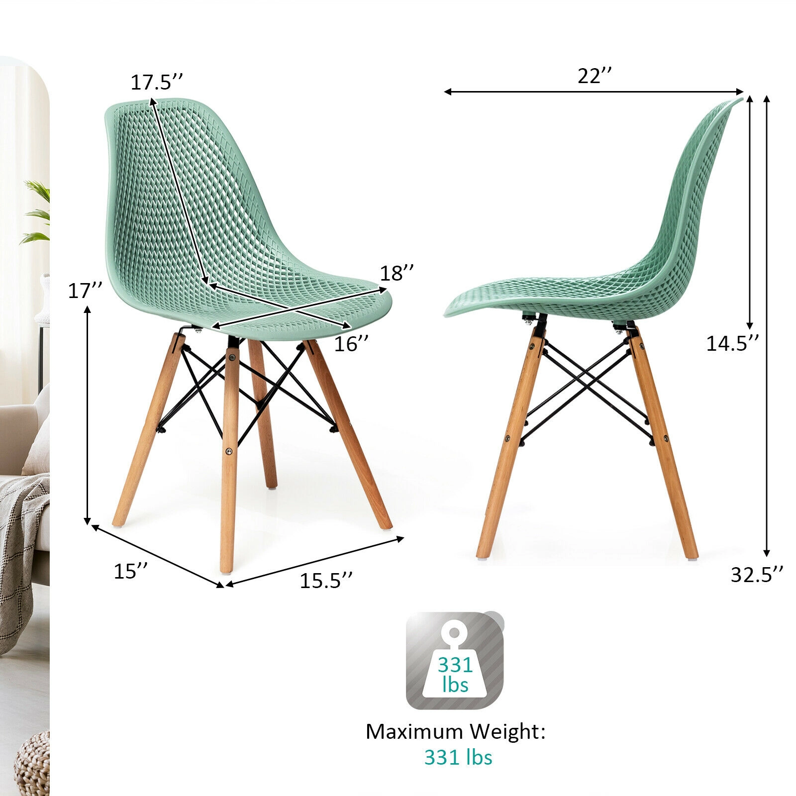 SUGIFT Modern Mesh Plastic Dining Side Chair Set with Beech Wood Legs 331-lb Capacity Green 4-Piece