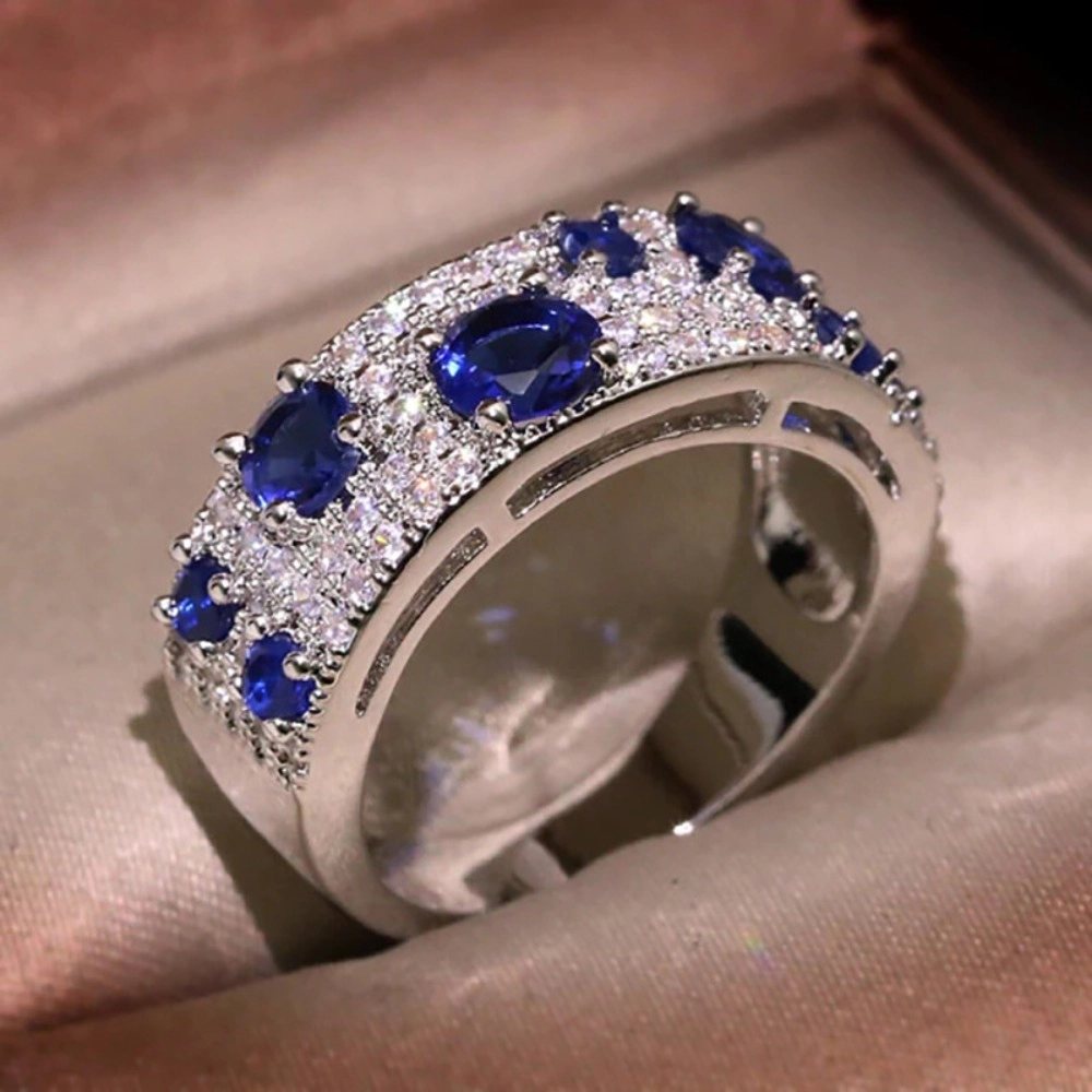 Wardrobe Whimsy Oval Blue Cubic Zirconia Wide Band Ring Elegant Stackable Statement Ring for Women