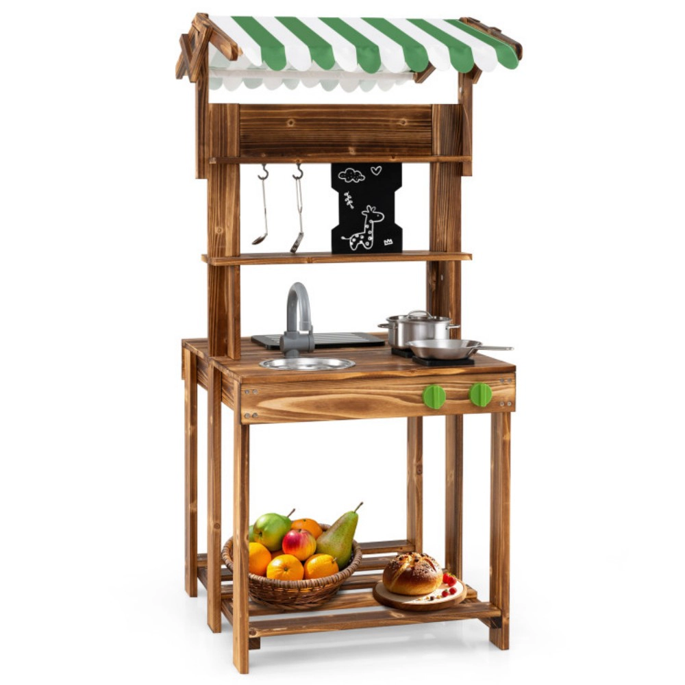 SUGIFT Double-Sided Mud Kitchen with Canopy and Sliding Chalkboard for Ages 3+ Brown