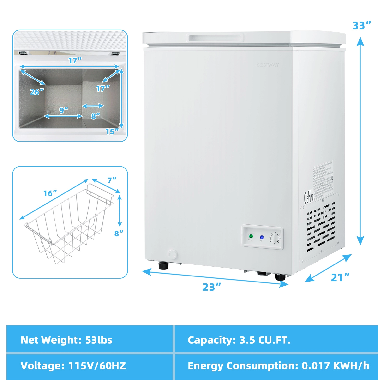 SUGIFT White 3.5-Cu-Ft Compact Chest Freezer with Removable Wire Basket and Flip-Open Lid 7 Temperature Settings
