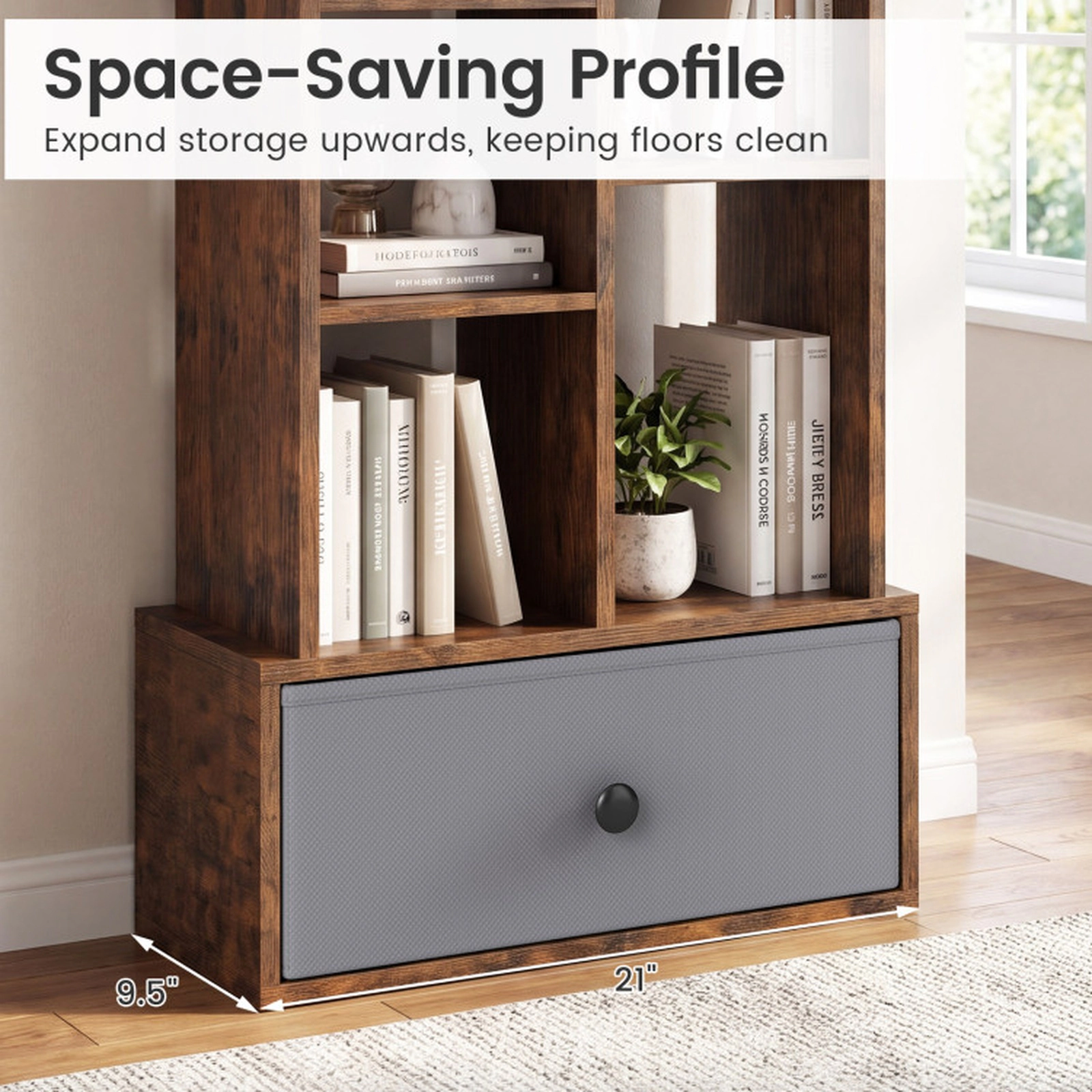SUGIFT 7-Tier Open-Back Engineered Wood Bookshelf with Drawer 33-lb Shelf Capacity 21-in Wide Rustic Brown and White