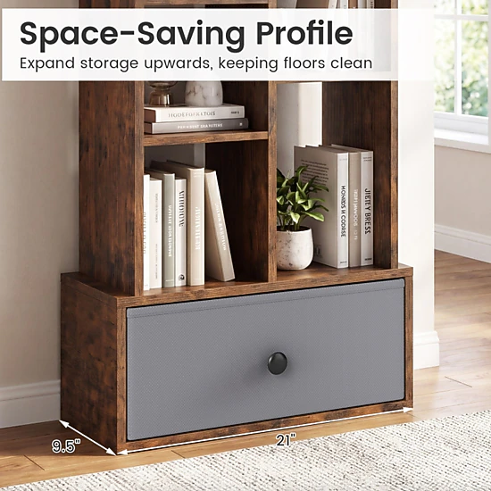 SUGIFT 7-Tier Open-Back Engineered Wood Bookshelf with Drawer 33-lb Shelf Capacity 21-in Wide Rustic Brown and White