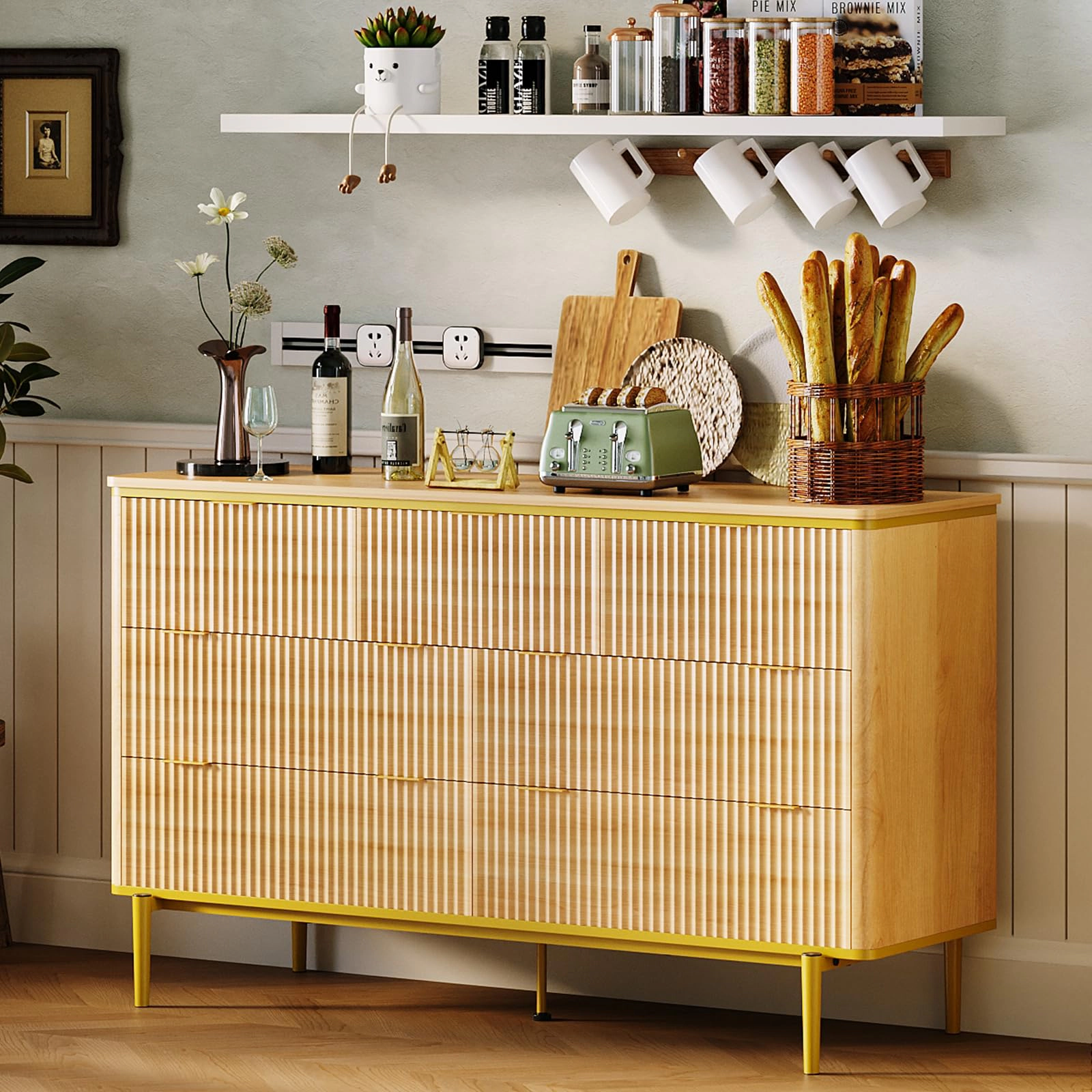 Fluted 7 Drawer Dresser with Gold Handles Curved Profile Design, 54" Wide Modern Wood Storage Cabinet & TV Stand