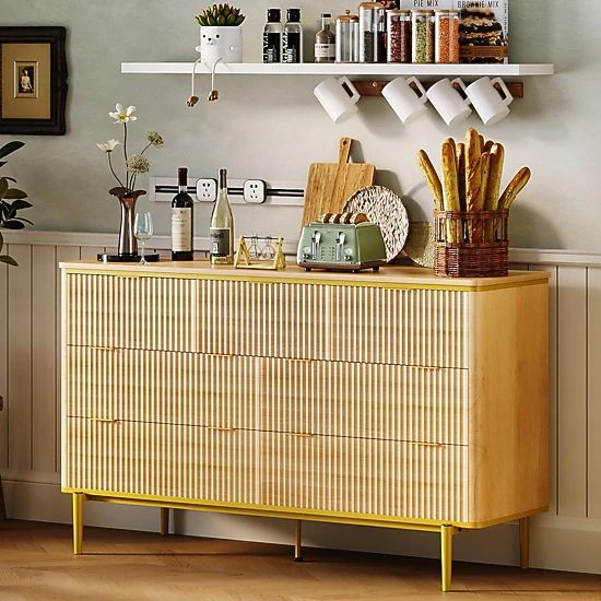 Fluted 7 Drawer Dresser with Gold Handles Curved Profile Design, 54" Wide Modern Wood Storage Cabinet & TV Stand