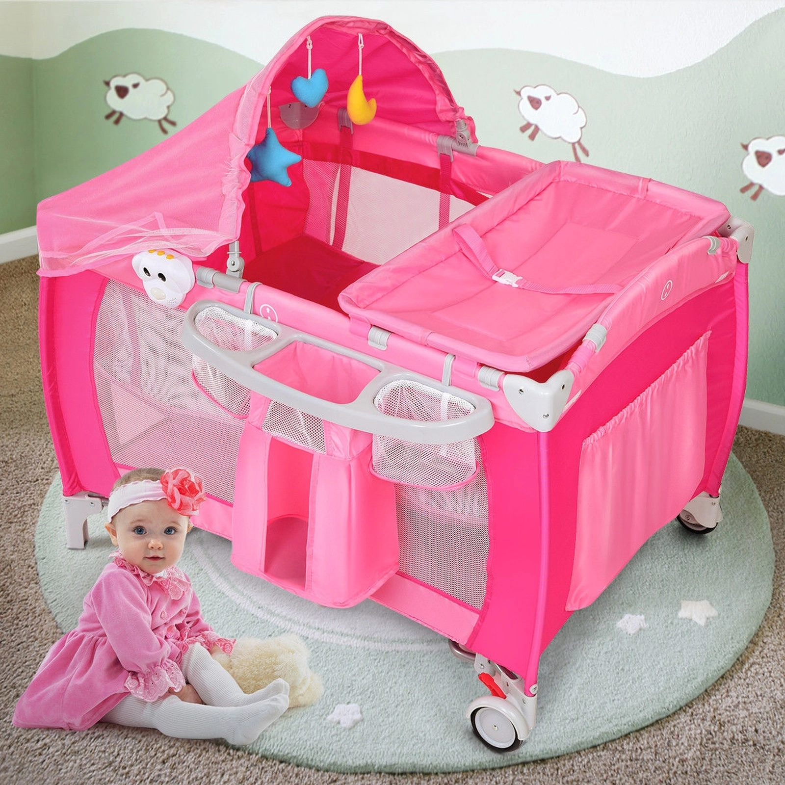 SUGIFT Foldable Bi-Level Baby Crib Playpen with Mosquito Net Canopy and Storage 33-lb Capacity Pink