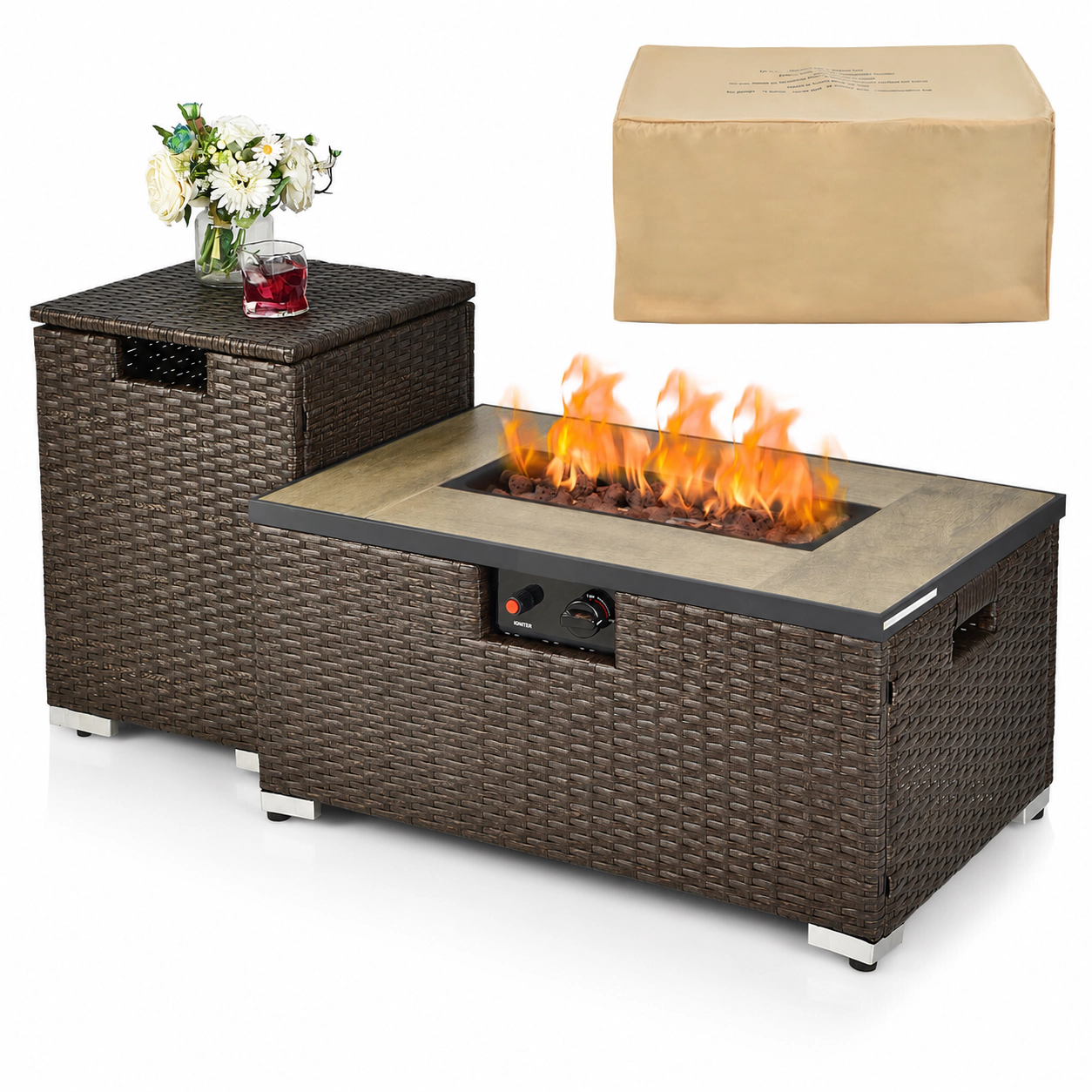 SUGIFT 32-Inch Rattan Propane Fire Pit Table Set with Tank Holder Brown