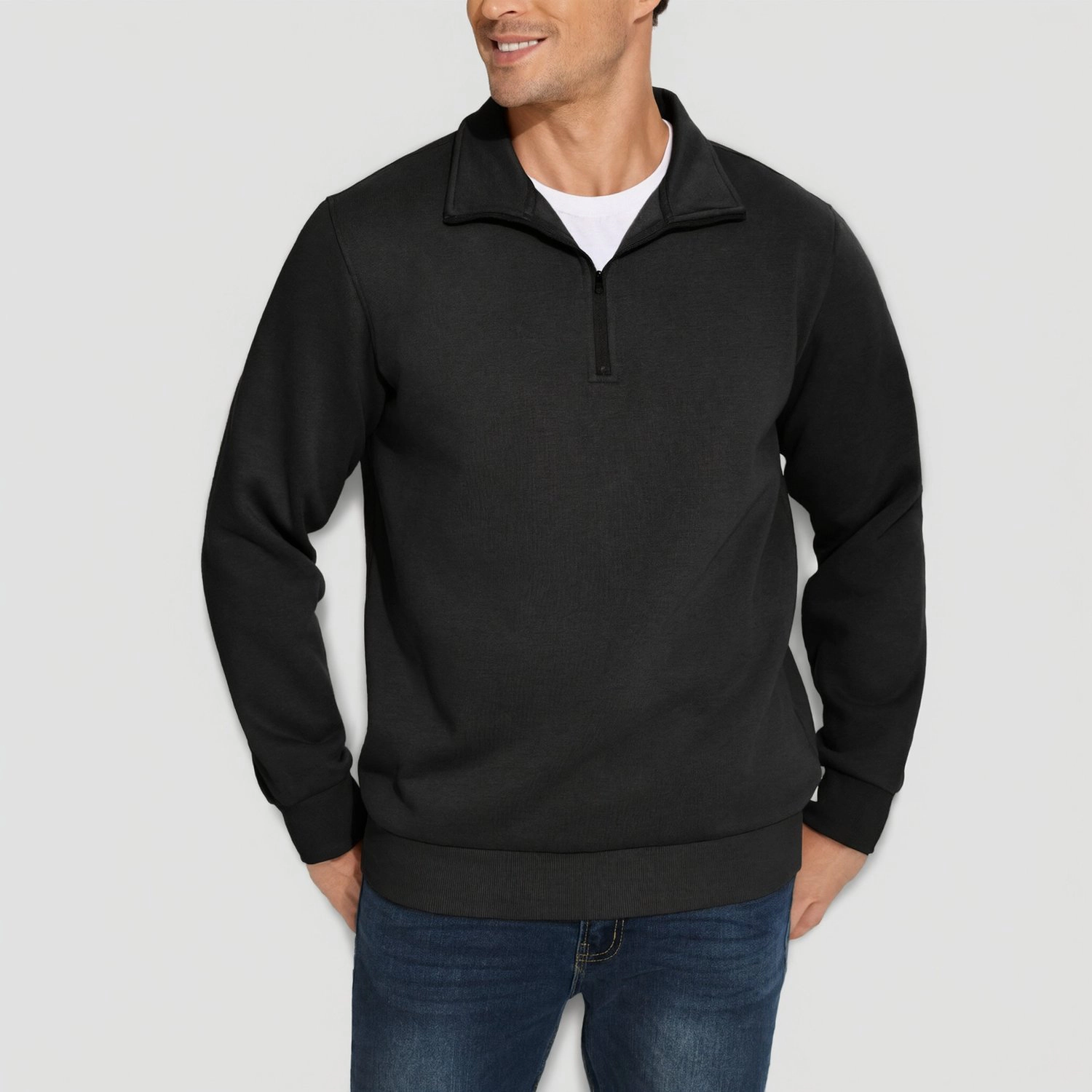 Pinspark Mens Quarter Zip Pullover Long Sleeve Collared Solid Fall Casual Tops