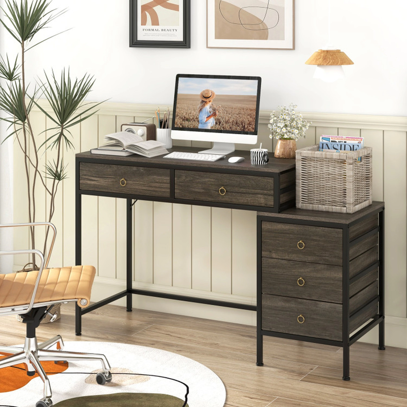 SUGIFT 51-in Computer Desk with 5 Drawers and Side File Cabinet 380-lb Capacity Home Office Desk Gray & Black