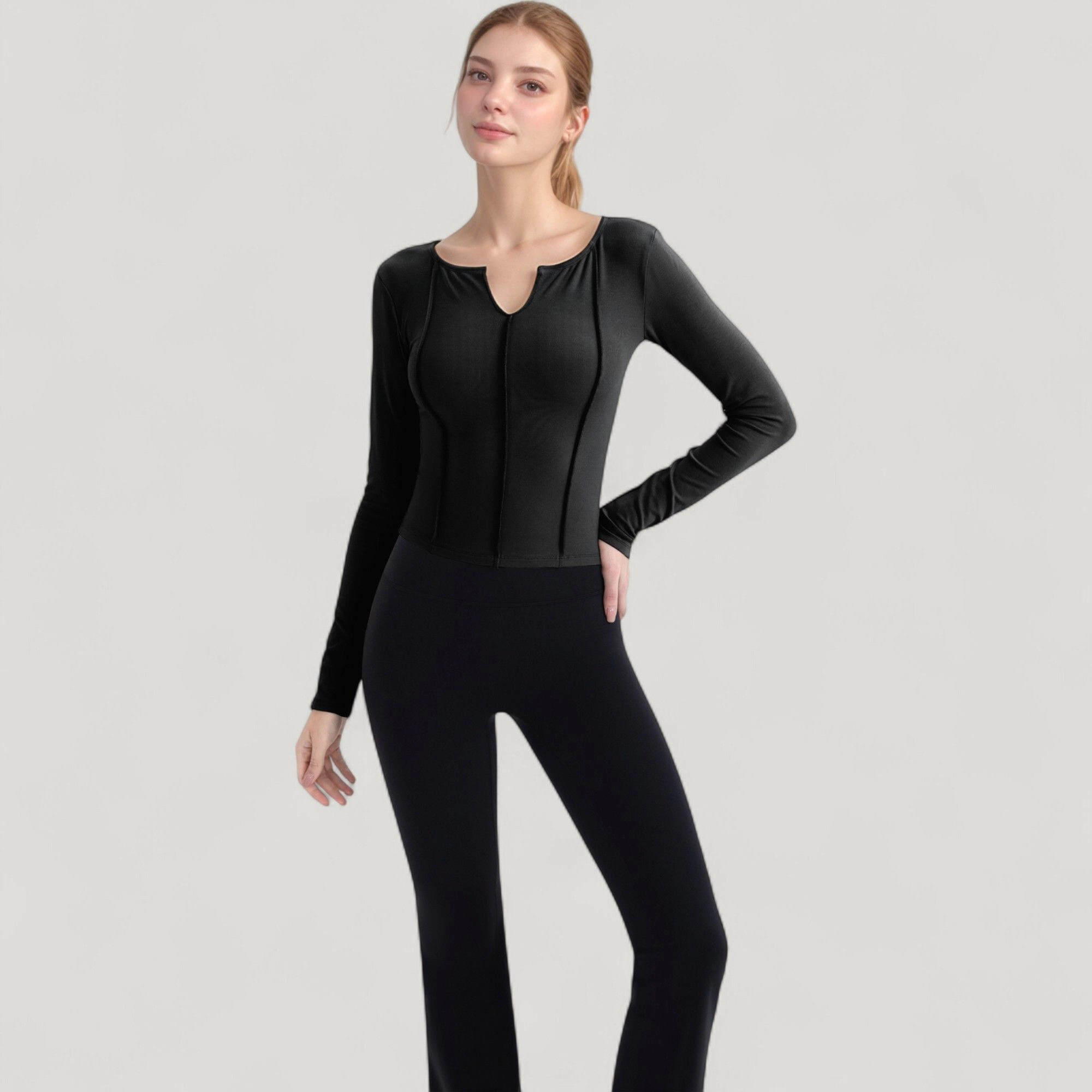 Anna-Kaci Women's Long Sleeve Fitted Athletic Top with Notch Neckline and Contoured Seams