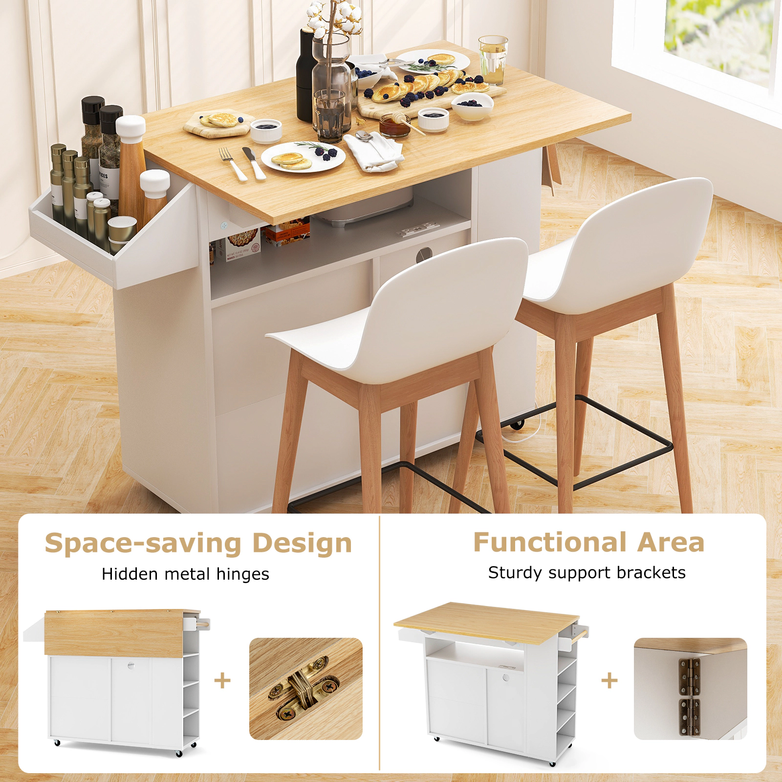 SUGIFT Rolling Kitchen Island Cart with 2 Power Outlets USB Charging Wine Bar Cabinet and Drop Leaf