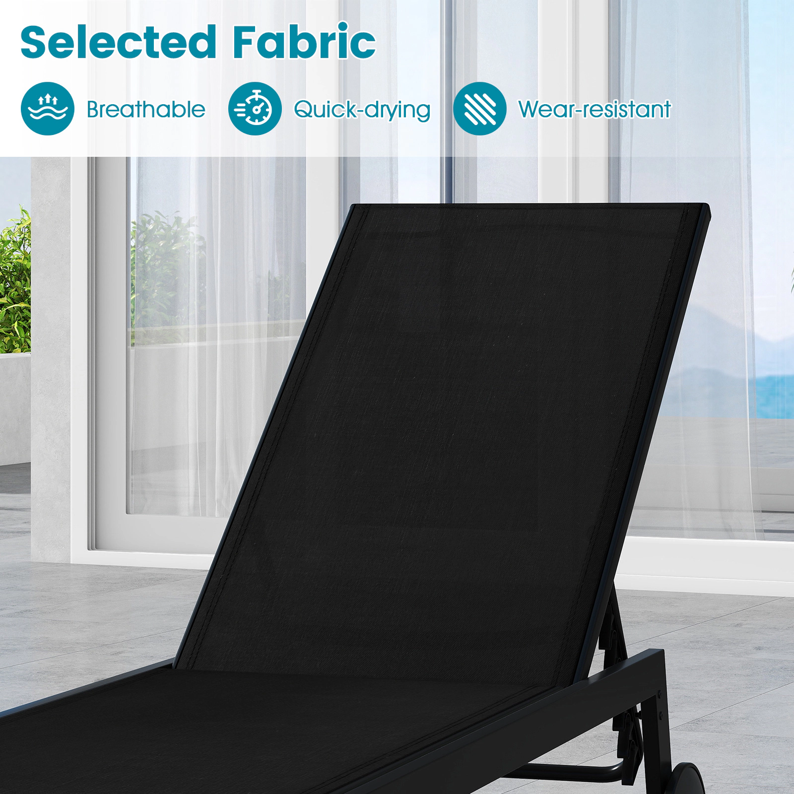 SUGIFT Wheels 6-Level Backrest Quick-Dry Fabric 330-lb Black Patio Chaise Lounge Chair