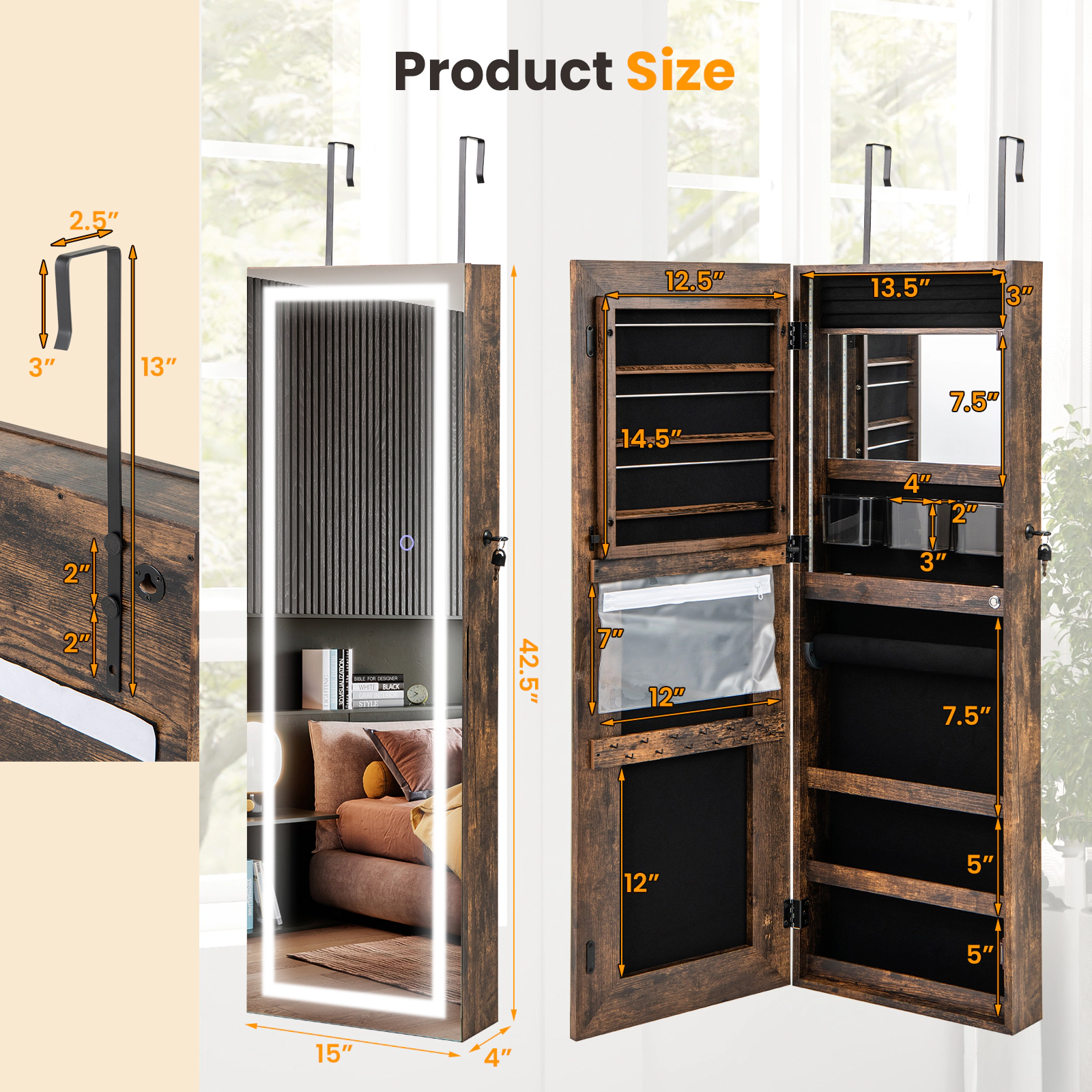 Hivvago Lockable Jewelry Mirror Cabinet with LED Lights