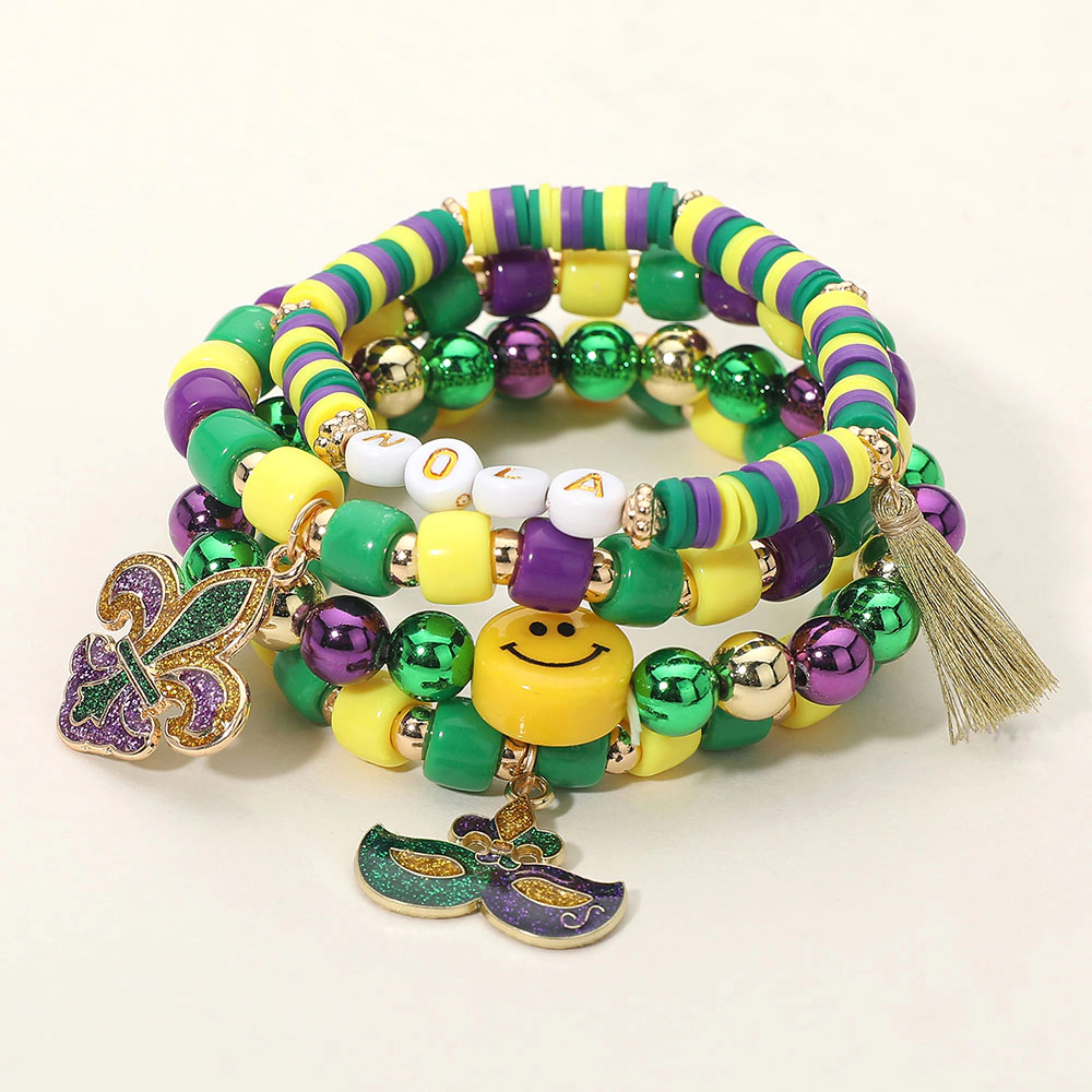 FASHNZFAB 4PCS - Mardi Gras Eye Mask Fleur de Lis Charm Smile Beaded Stretch Multi Layered Bracelets