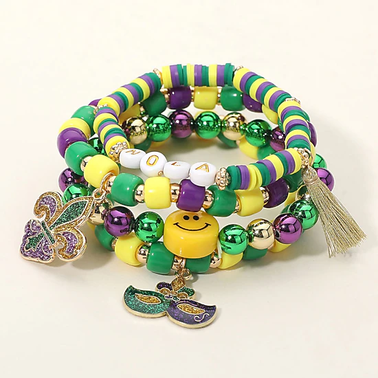 FASHNZFAB 4PCS - Mardi Gras Eye Mask Fleur de Lis Charm Smile Beaded Stretch Multi Layered Bracelets