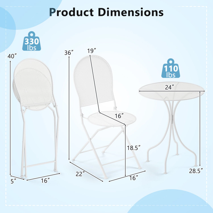 Hivvago 3 Piece Metal Bistro Patio Round Table And 2 Folding Chairs Set-White