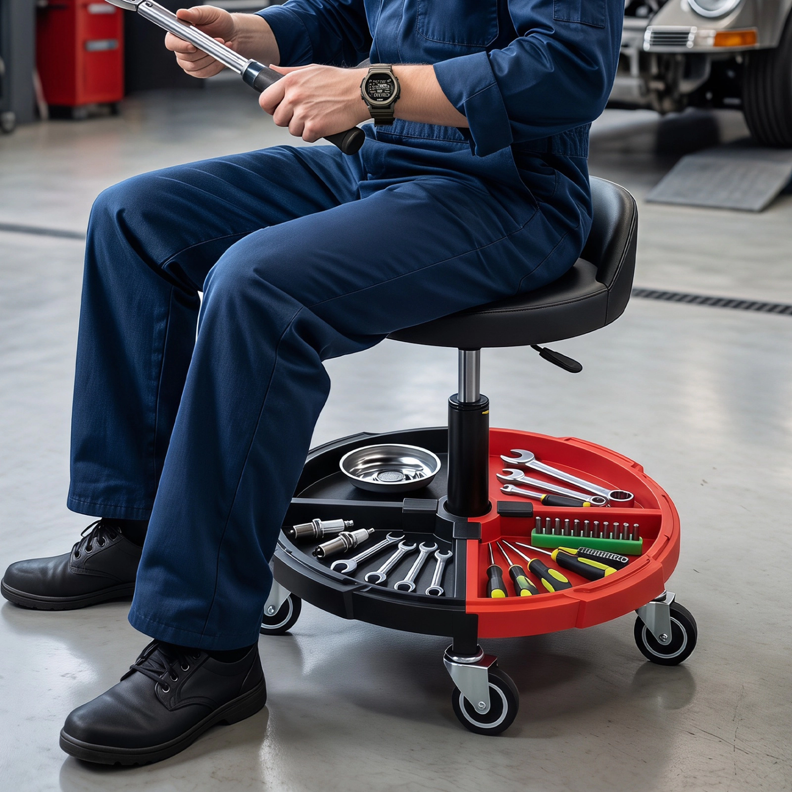 SUGIFT Adjustable 360° Rolling Mechanic Stool Seat with Backrest and Tool Storage Tray 330-lb Capacity Black + Red