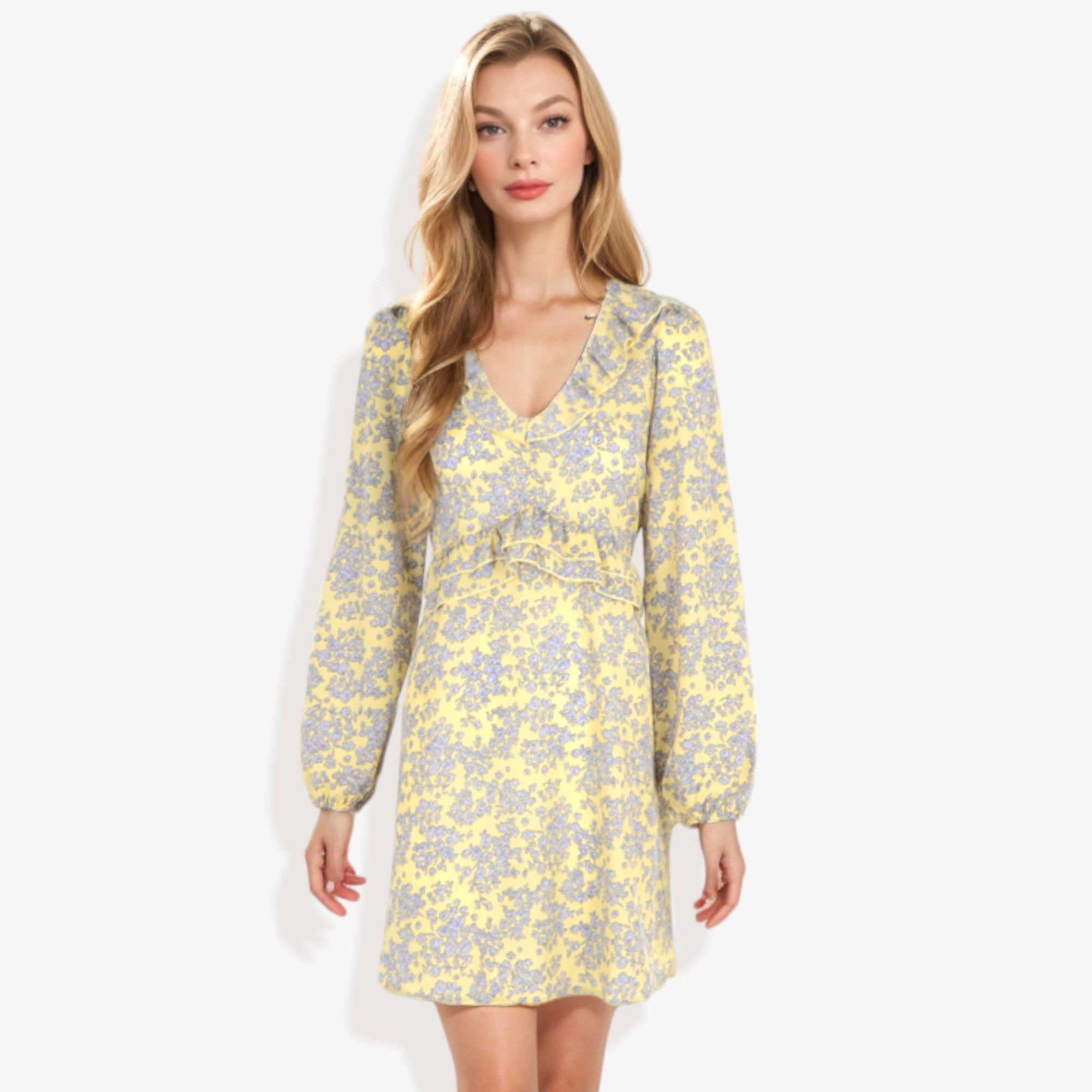 Anna-Kaci Women's Long Sleeve Floral Print V-Neck Tie Front Mini Dress