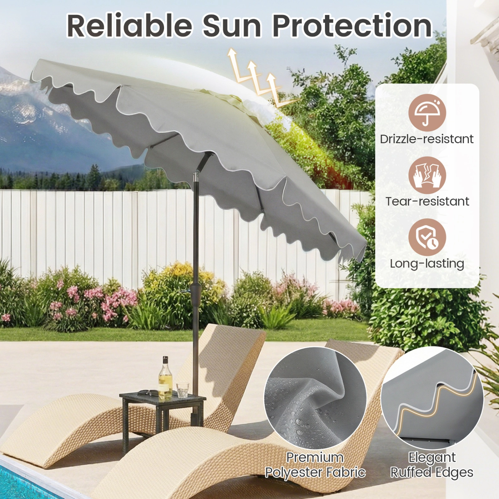 SUGIFT 9-ft Gray Solar LED Patio Umbrella with Crank Lift, Manual Tilt and 2 Sandbags