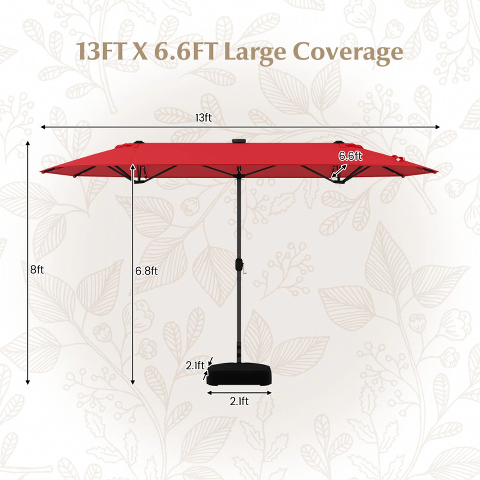 SUGIFT 13-ft Wine Rectangular Twin-Panel Solar Patio Umbrella with 36 Lights and Wind Vents for Yard