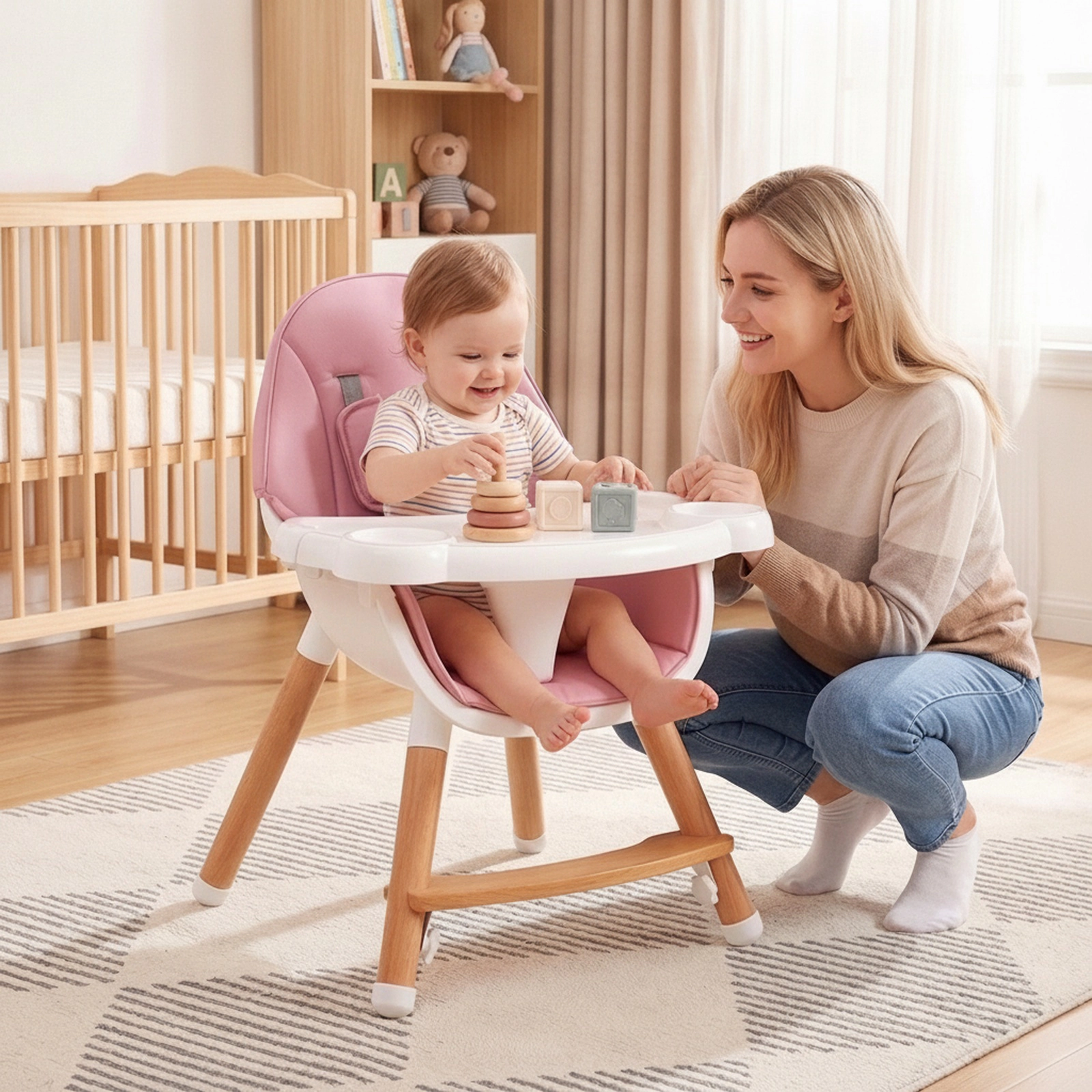 Baby High Chair 4-Level Dual Tray 2 Cup Holders Waterproof Cushion Solid Beech X-Frame for 6 Months to 3 Years