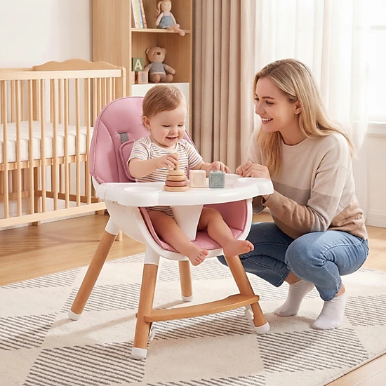 Baby High Chair 4-Level Dual Tray 2 Cup Holders Waterproof Cushion Solid Beech X-Frame for 6 Months to 3 Years
