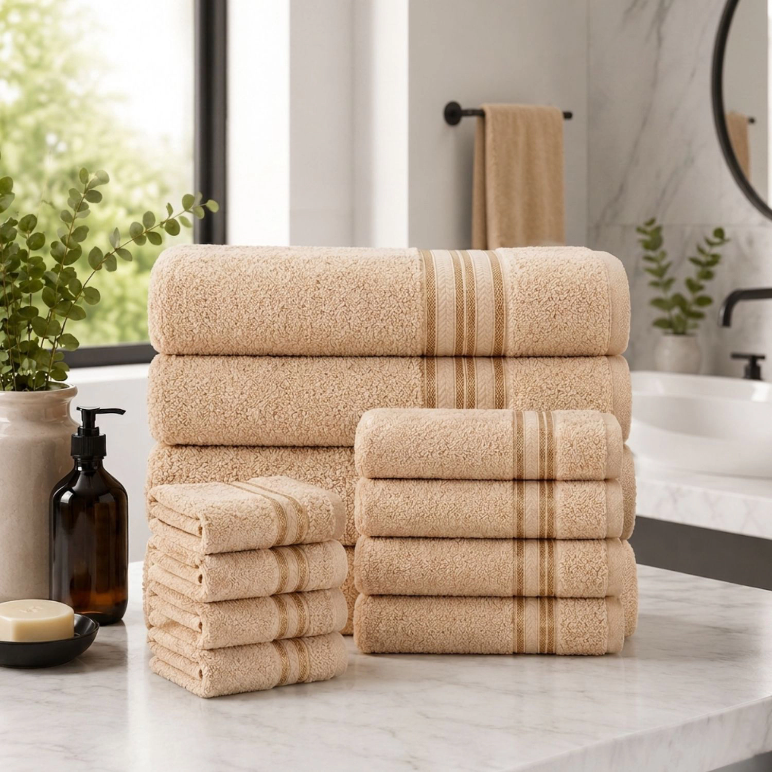 Plazatex 100% Premium Cotton Textured Border Ultra Soft Absorbent 12 Piece Bathroom Towel Set Taupe