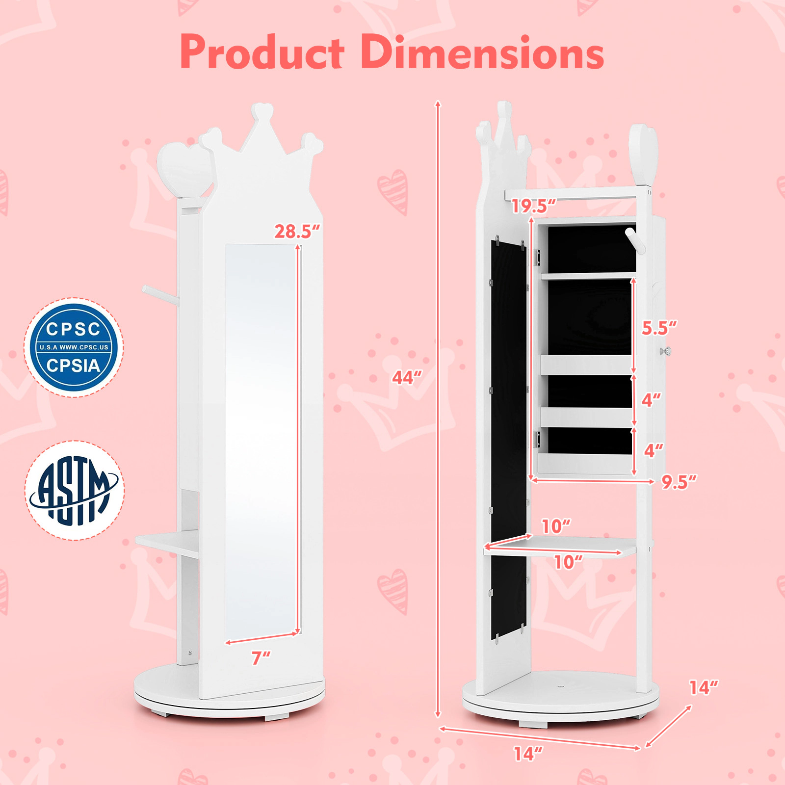 SUGIFT Free-Standing Full Length Mirror Kids Jewelry Armoire Cabinet 44-in Tall Vanities Storage 14 x 14 in Base White