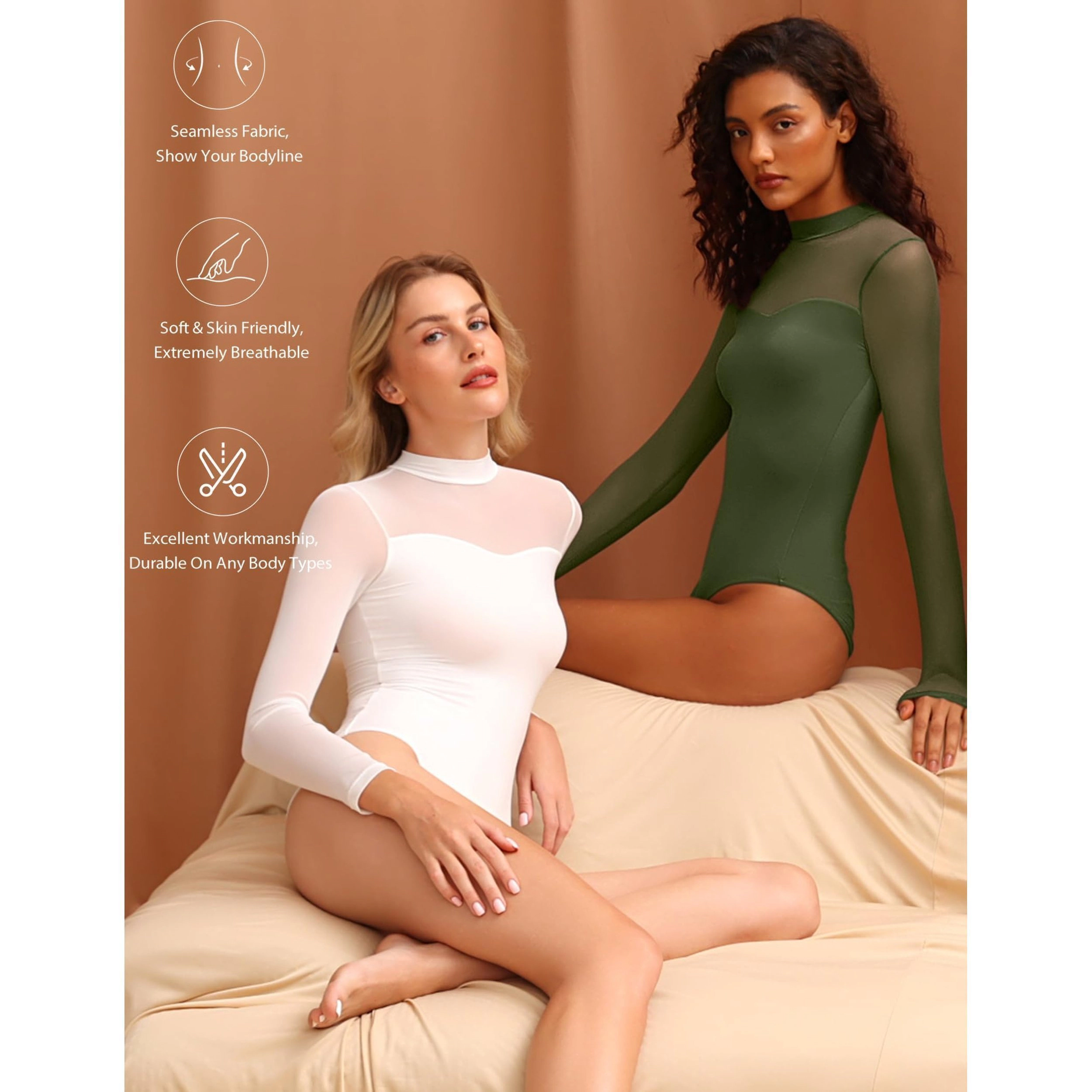 Avidlove Women's Long Sleeve Mesh Double Lined Mock Neck Bodysuit Leotard