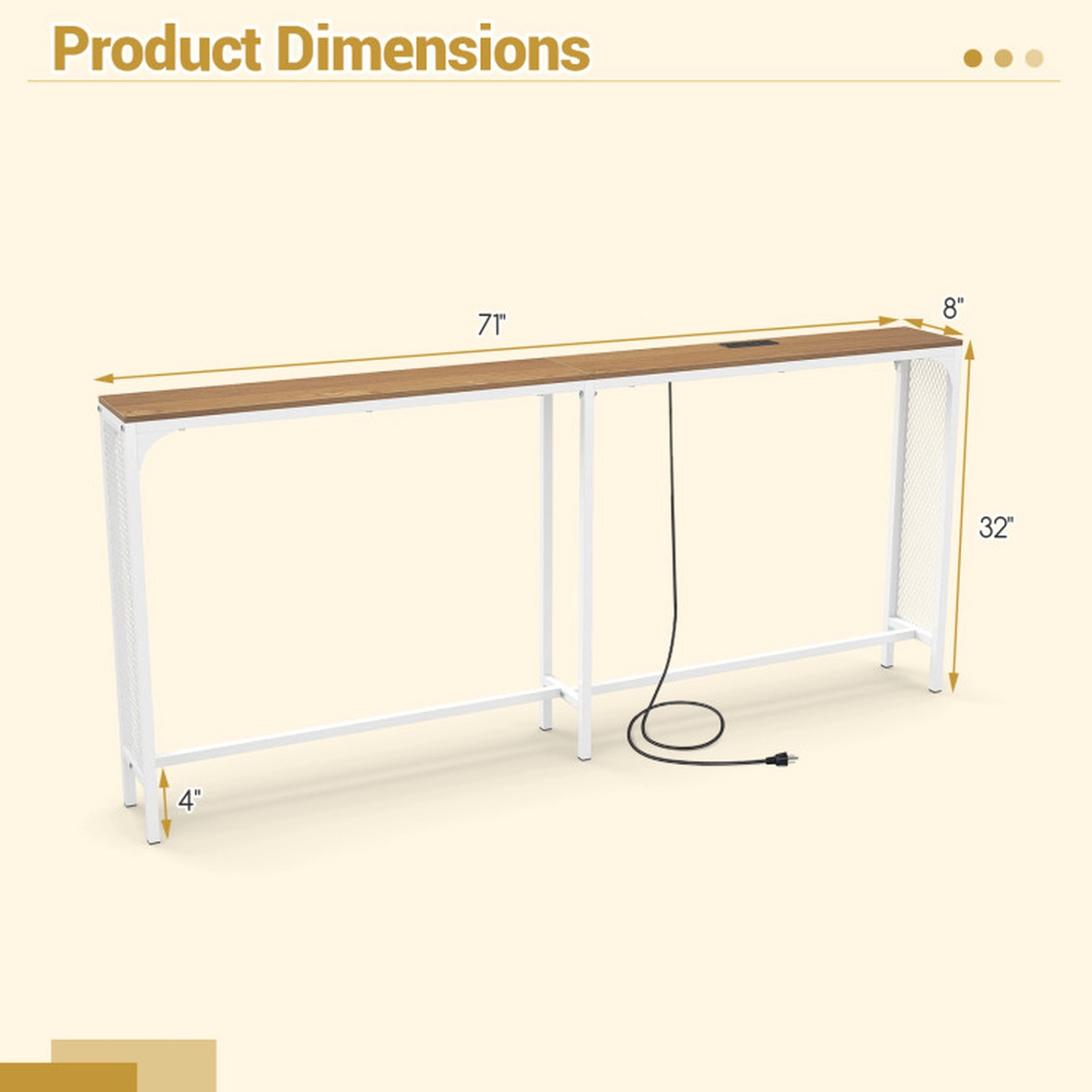 SUGIFT Narrow Reversible Charging Station White Metal Frame Console Table 71-in x 8-in x 32-in 100-lb Capacity Natural