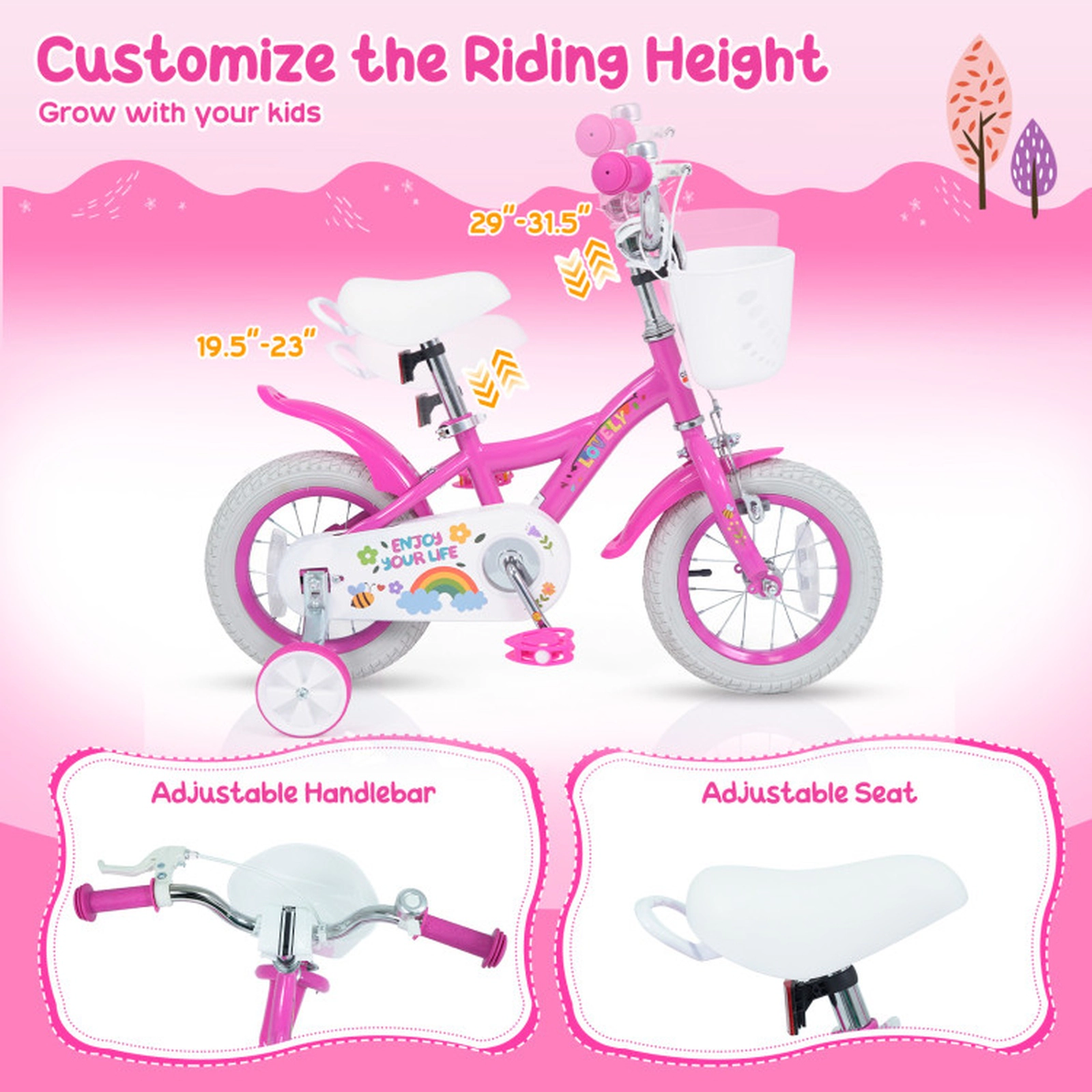 SUGIFT Pink Training Wheels Front Basket and Bell Girls Bike