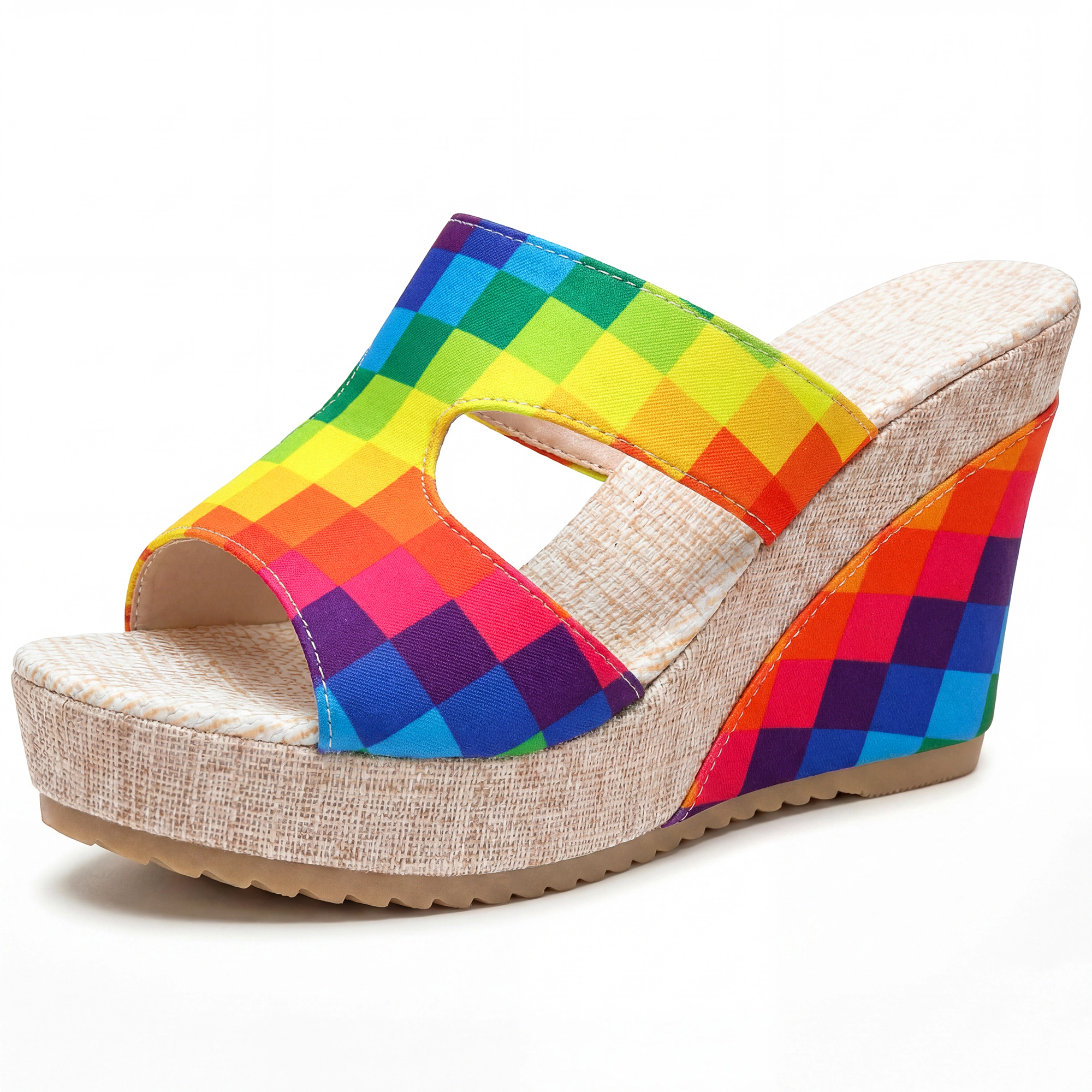 BLISSFUL STEP Women's Colorful Printed Hollow-out Platform Peep-Toe Sandals