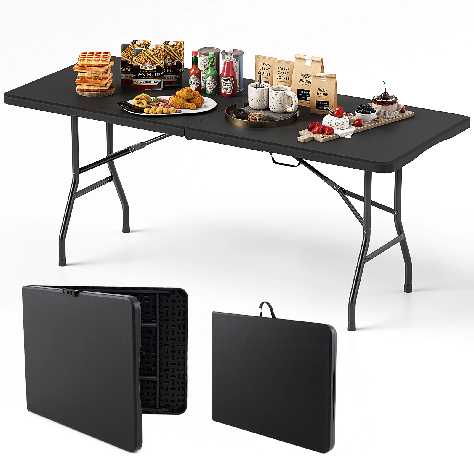 SUGIFT 6 ft Portable Folding Table 350-lb Capacity Fold-in-Half Picnic Table Black