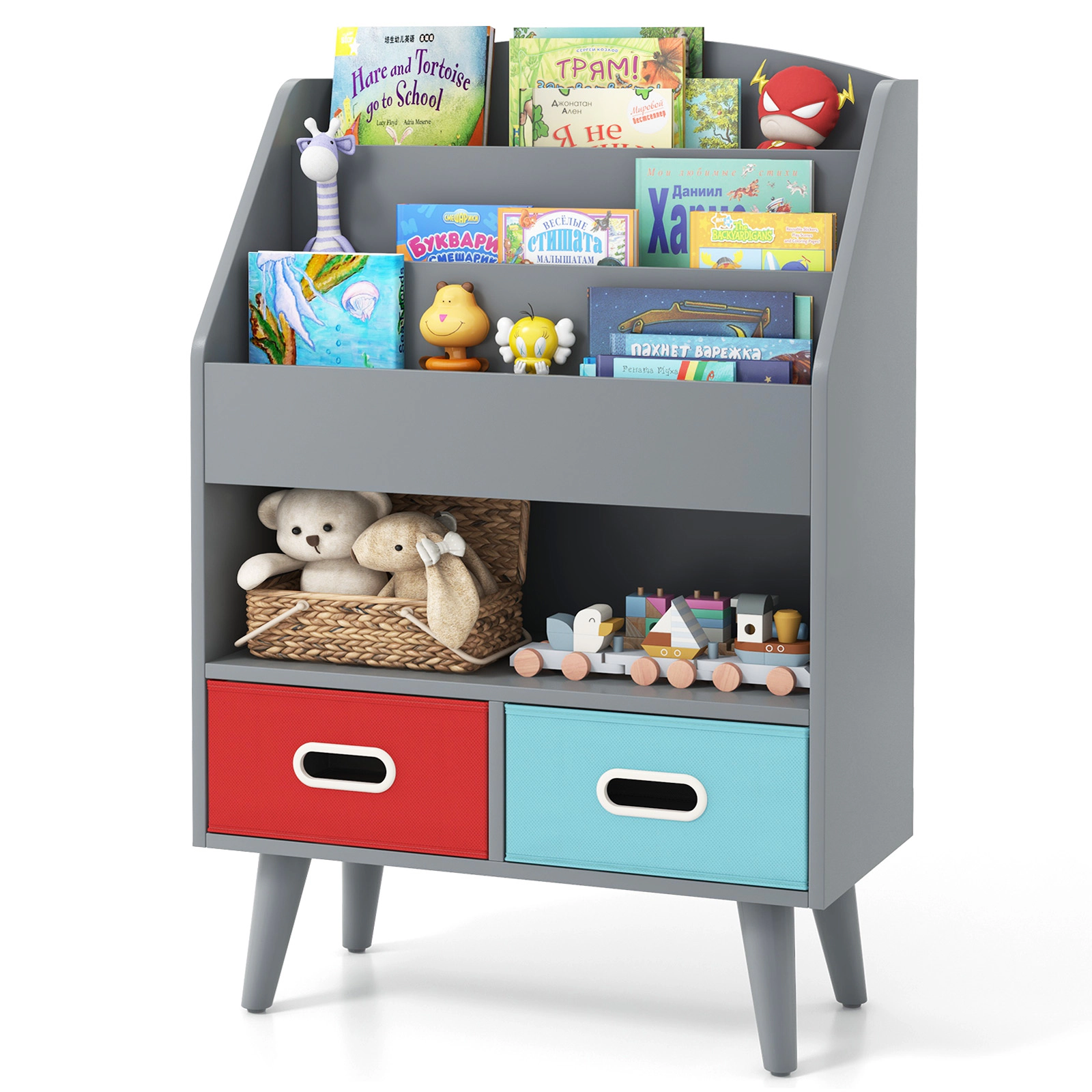 SUGIFT Gray 220-lb 3-Tier Kids Bookshelf and Toy Storage Organizer with 2 Foldable Fabric Drawers