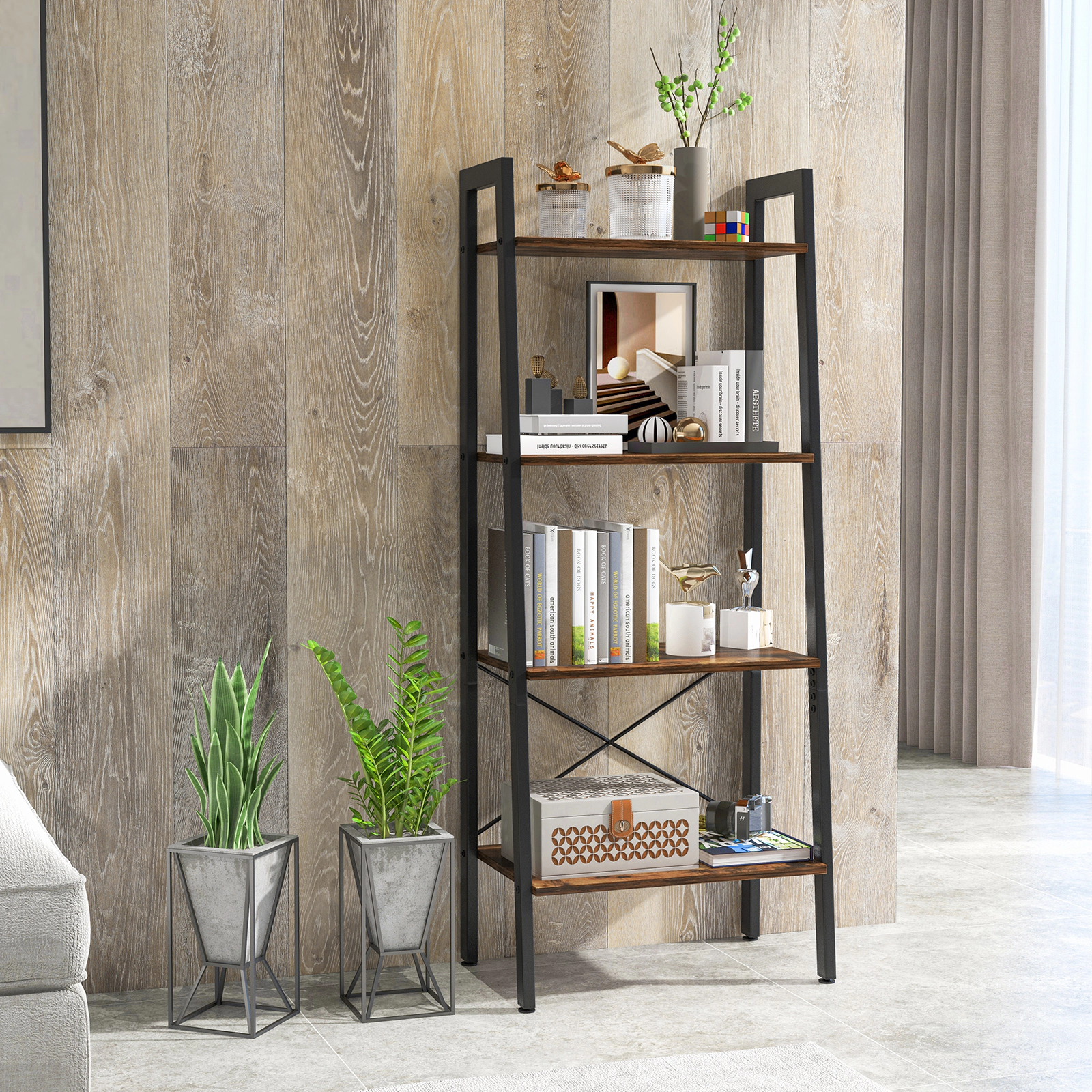 SUGIFT 4-Tier 200-lb Capacity 54.5-in Industrial Bookshelf with Powder-Coated Metal Frame and Adjustable Feet