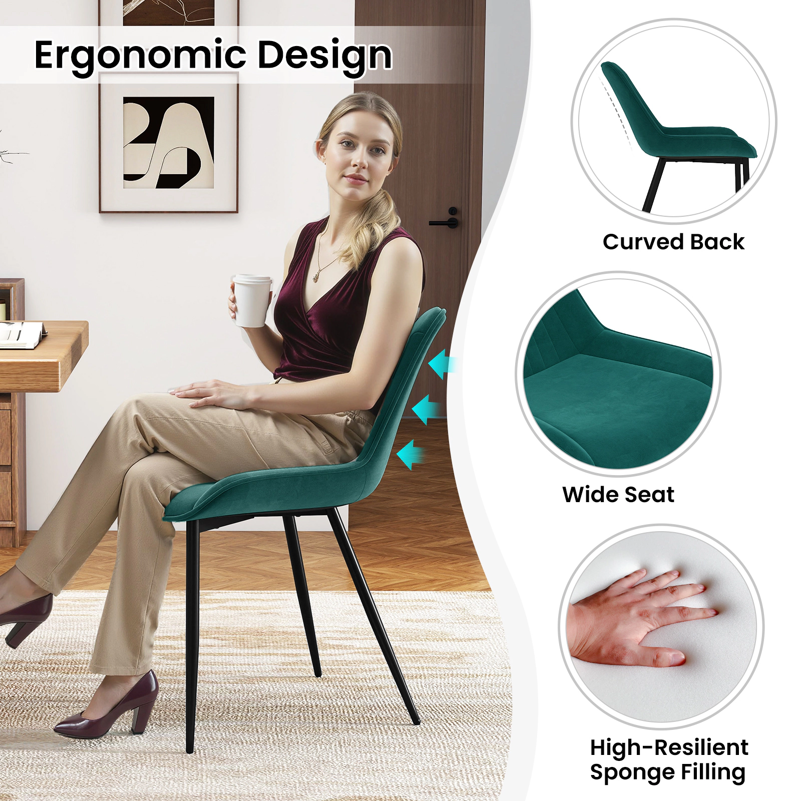 SUGIFT Set of 4 Turquoise Velvet Upholstered Dining Chairs with Black Metal Legs