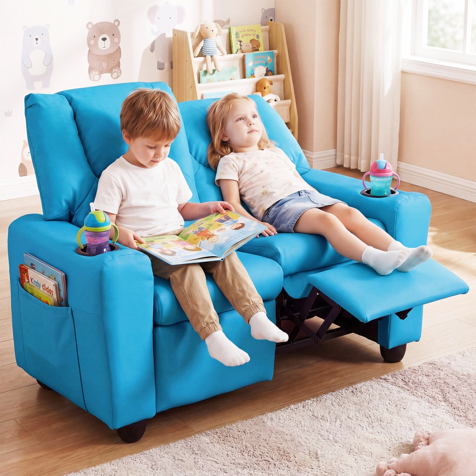 Kids Recliner Chair 2-Seater Toddler Sofa Lounge Chair with Adjustable Backrest Retractable Footrest 2 Cup Holders Blue