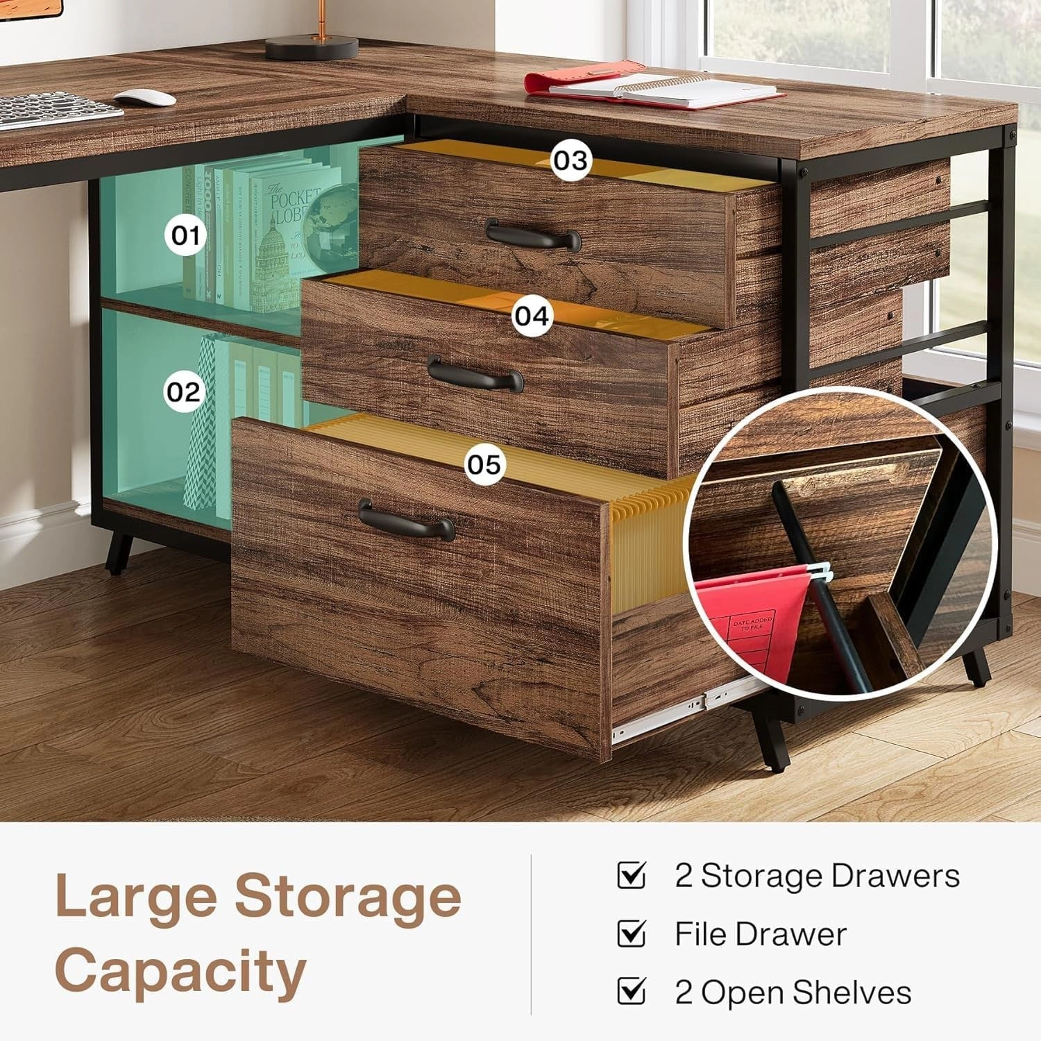 Tribesigns Industrial L-Shaped Wood Computer Desk with Drawers