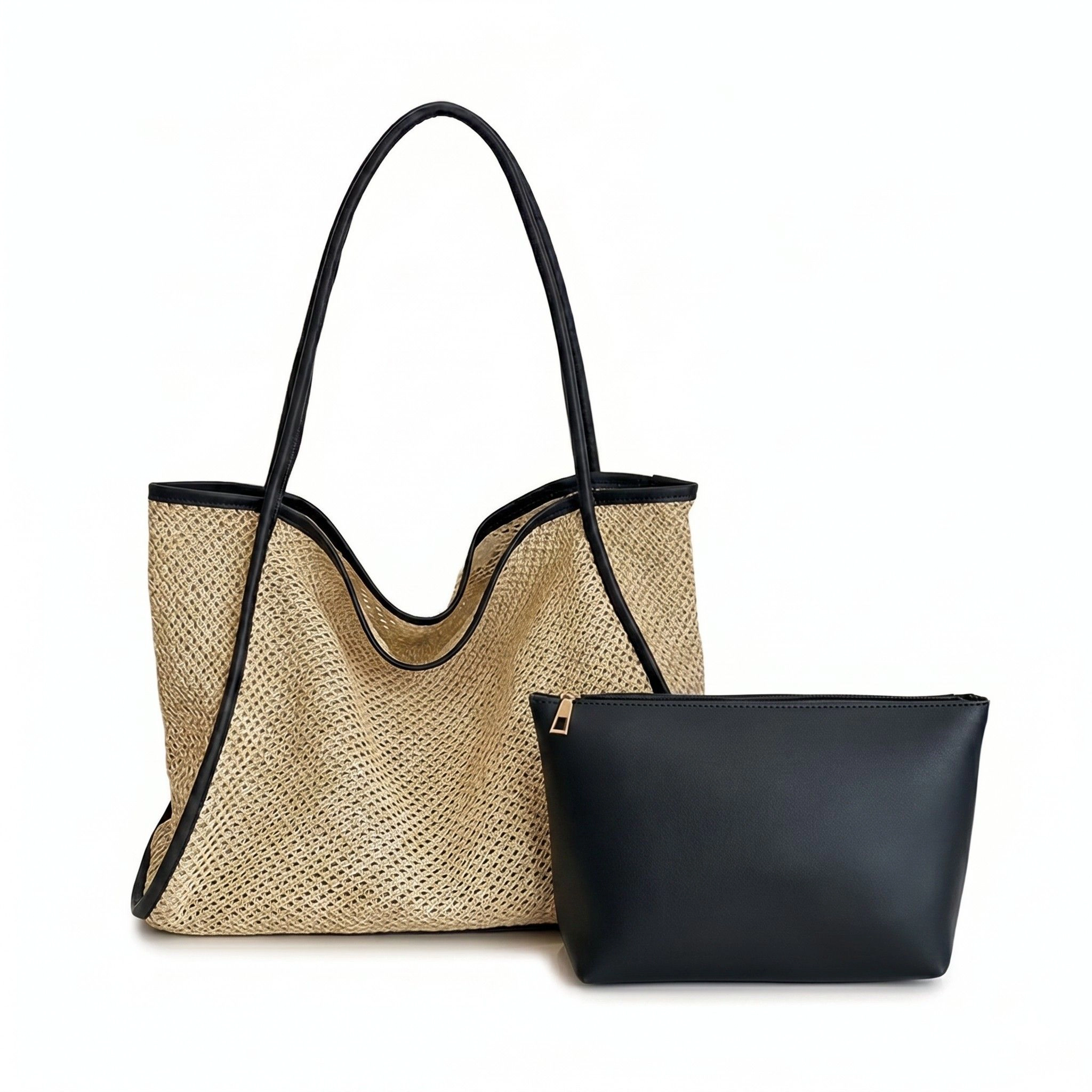 Alilang Women's Woven Straw Tote Bag with Shoulder Straps Lightweight Crochet Knit Pouch, Brown