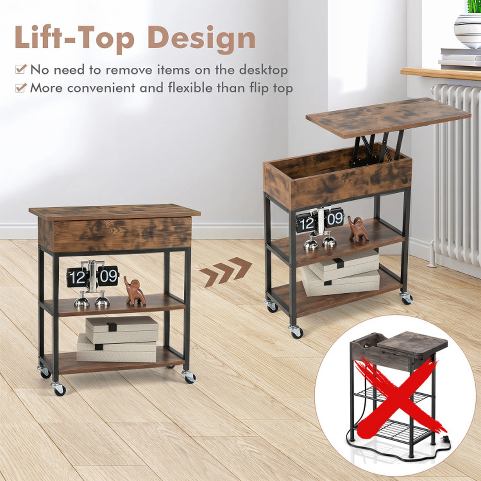 SUGIFT Narrow Lift Top End Table with Charging Station and Wheels 121-lb Capacity Rustic Brown