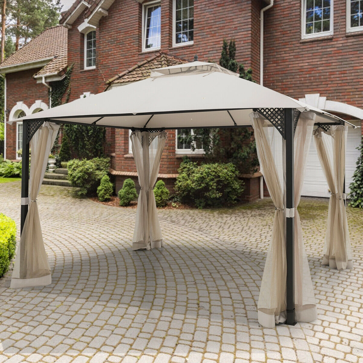 SUGIFT Beige Steel Frame and 8 Ground Stakes 12 x 10 ft Outdoor Double Top Patio Gazebo