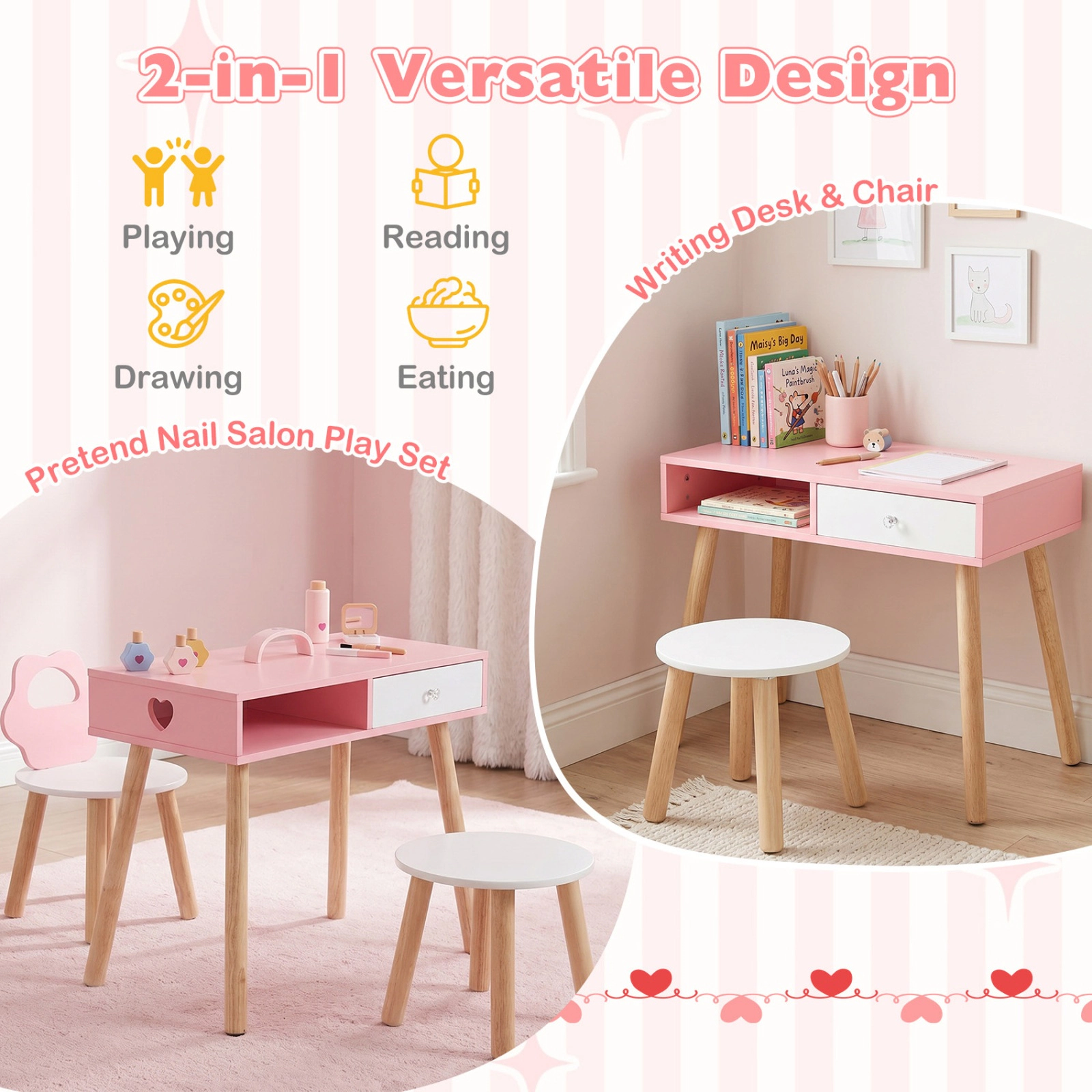 SUGIFT 3-Piece Pretend Nail Salon Playset for Kids with Wooden Table, Chair and Stool