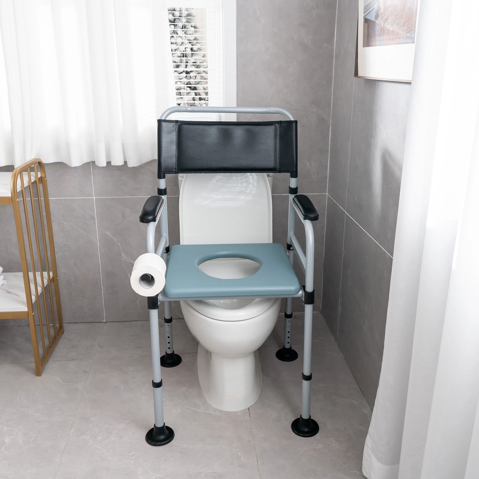 SUGIFT 4-in-1 Folding Bedside Commode and Shower Chair, 440-lb Capacity, Adjustable Height